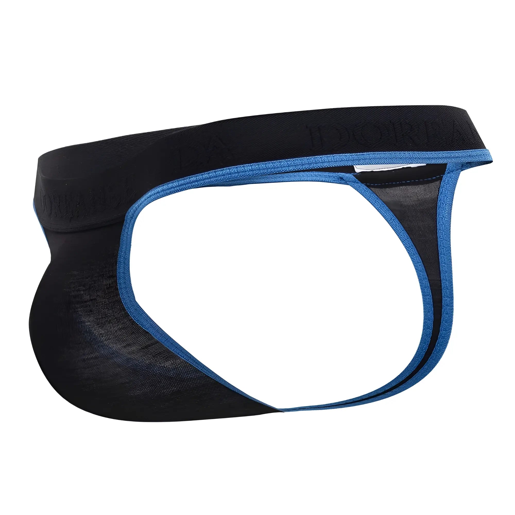 Doreanse 1012-BLK borderline thongs in black with a blue mesh front panel designed for men