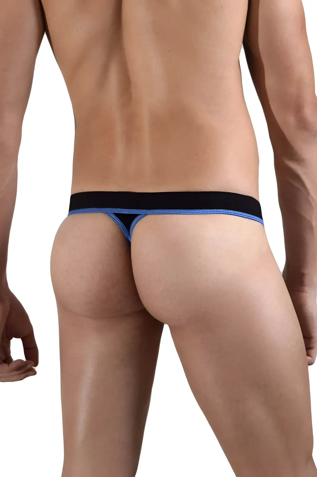 Black and blue doreanse 1012-BLK borderline thong with a snug supportive fit showing the back side of the product