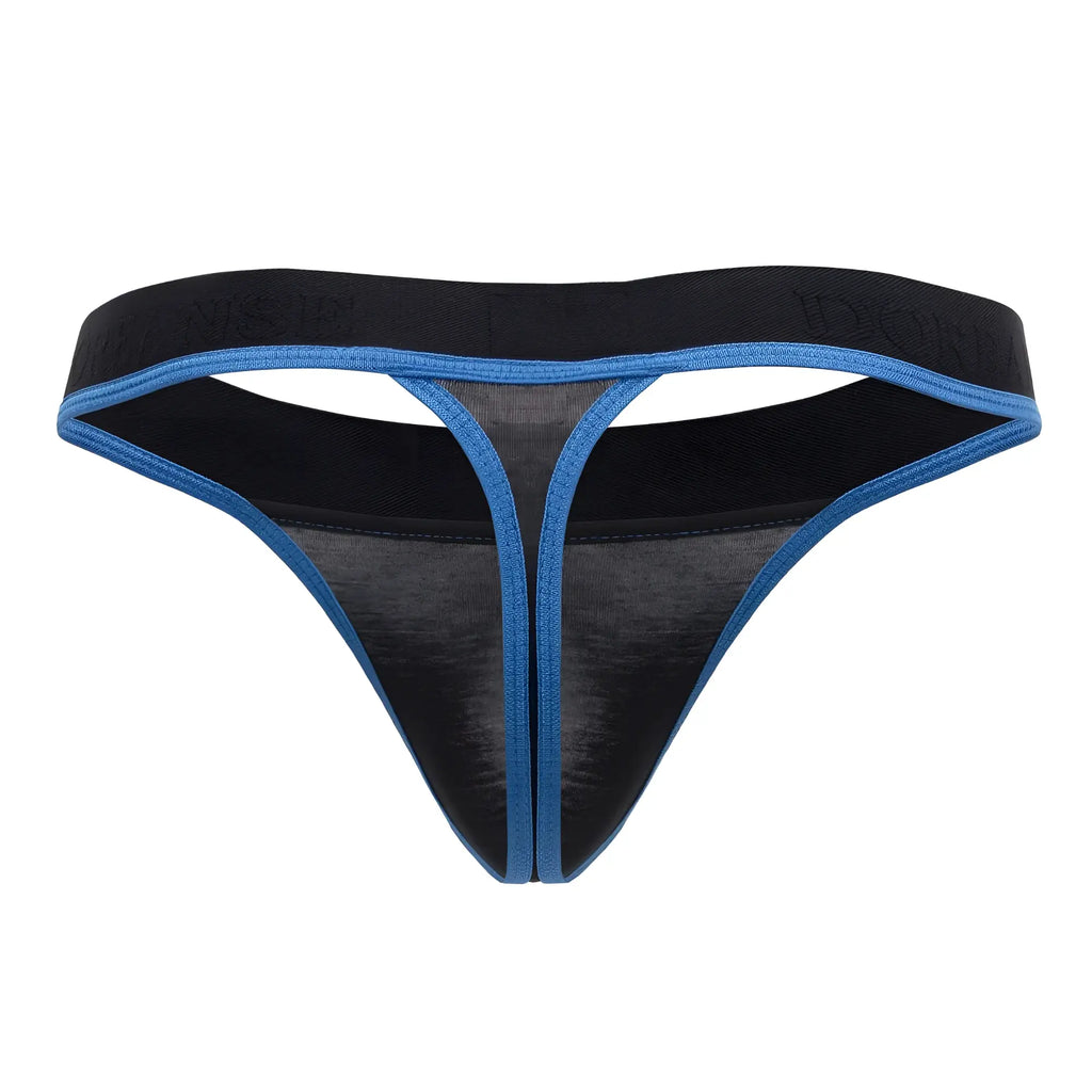 Doreanse 1012-BLK Borderline thong in black with textured fabric and bright blue trim along the edges