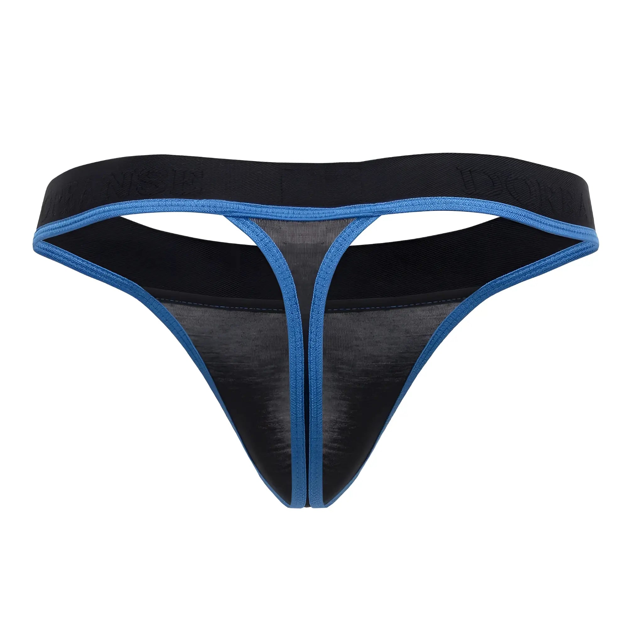 Doreanse 1012-BLK Borderline thong in black with textured fabric and bright blue trim along the edges