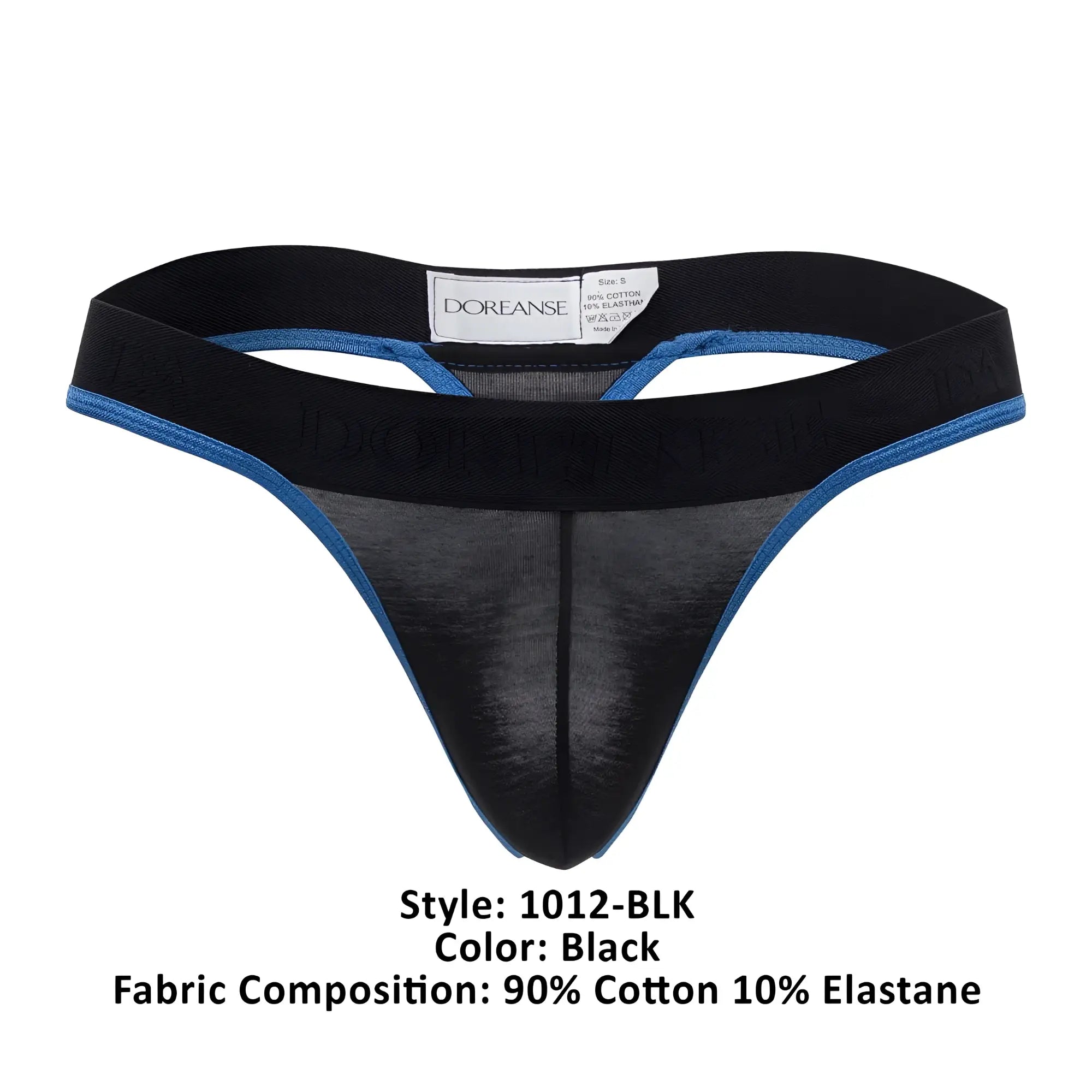 Black Doreanse 1012-BLK Borderline thong with blue trim and sheer mesh front panel for stylish comfort