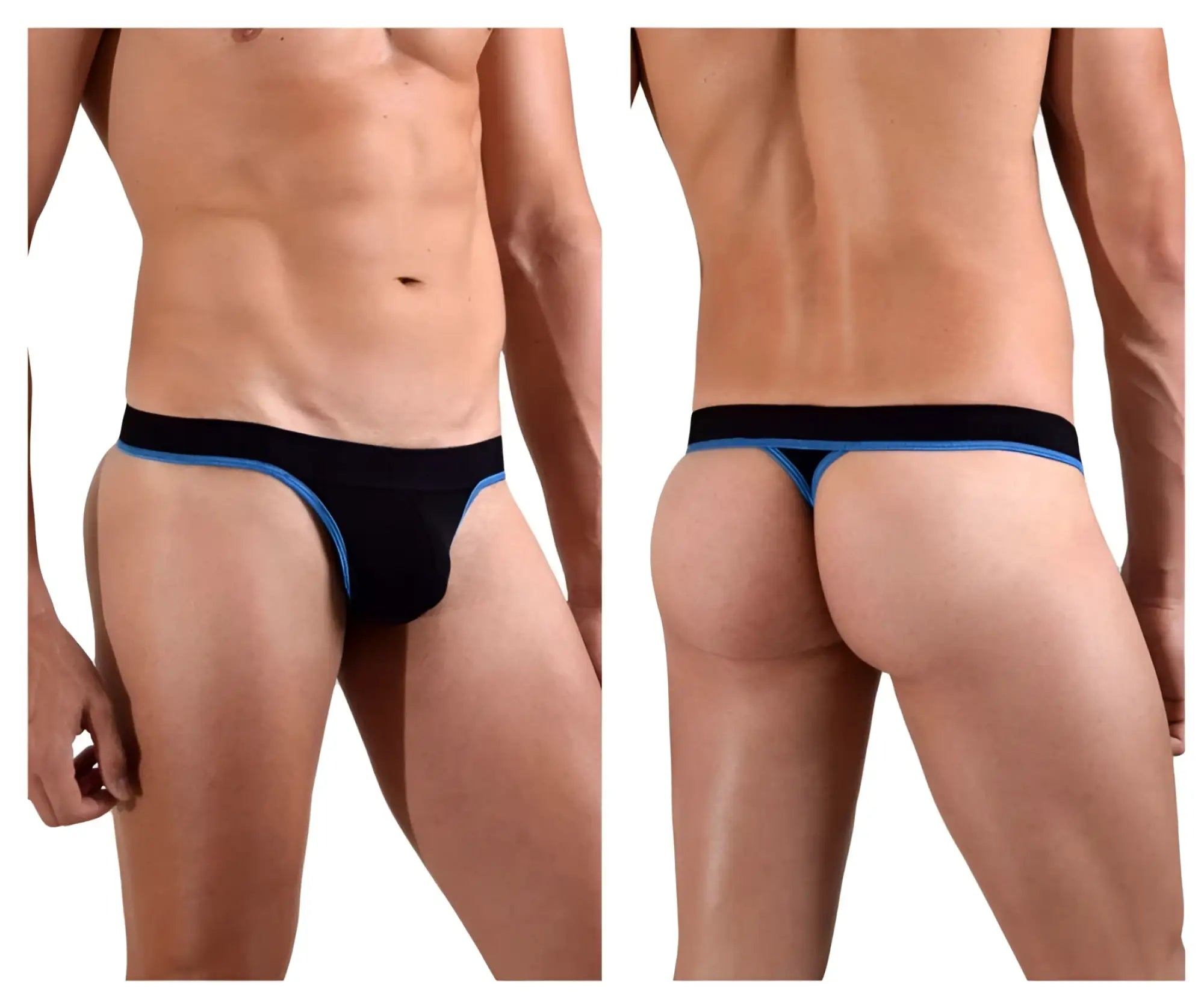 Black thong with blue trim from doreanse 1012-BLK borderline thongs collection shown from the back side