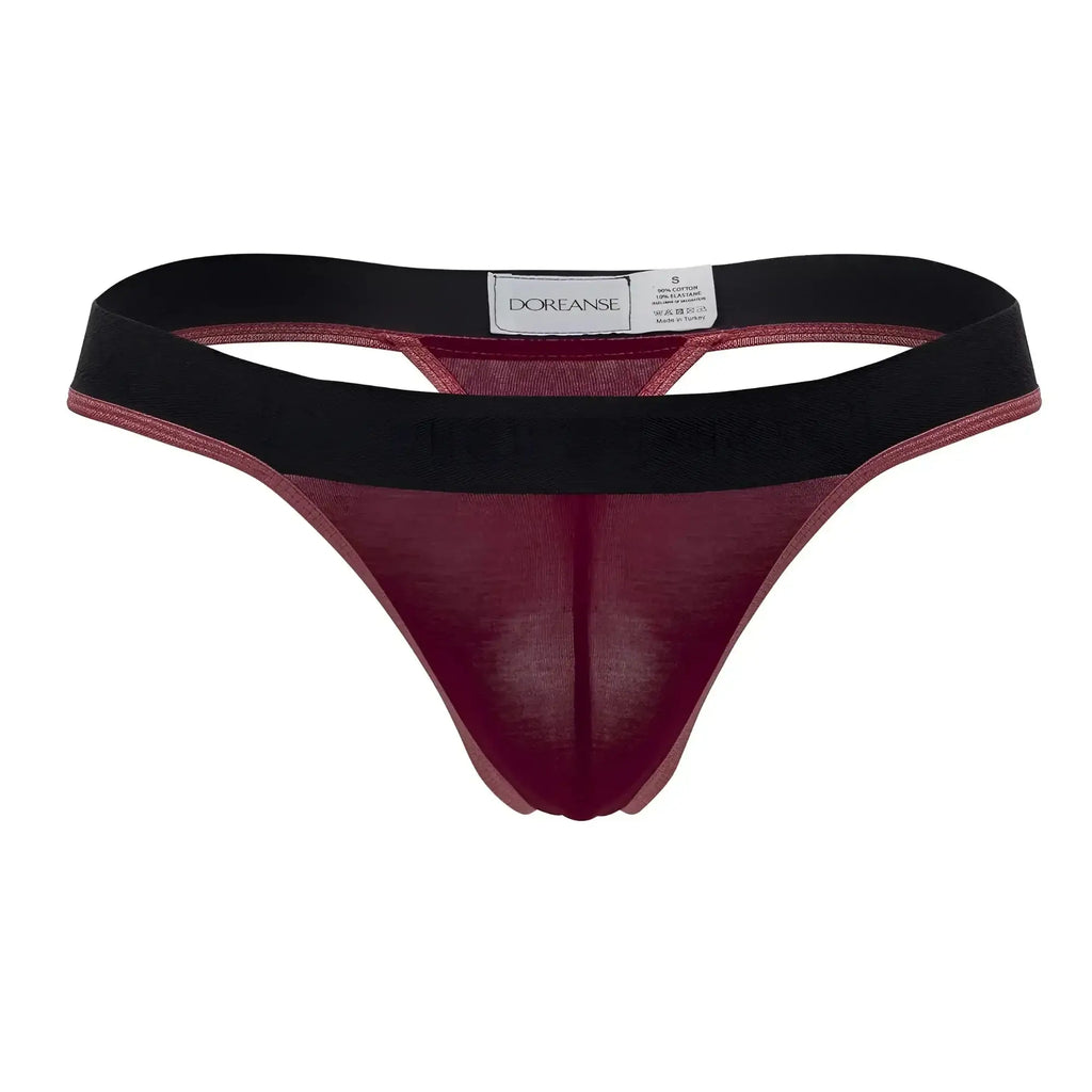 Doreanse 1012-BRD borderline thong in burgundy sheer fabric with black elastic waistband, front view
