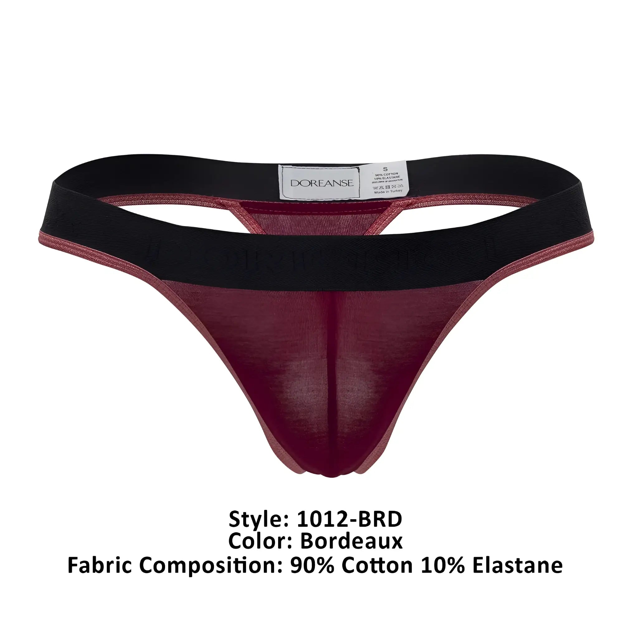 Bordeaux-colored, sheer cotton and elastane thong with a black elastic waistband.