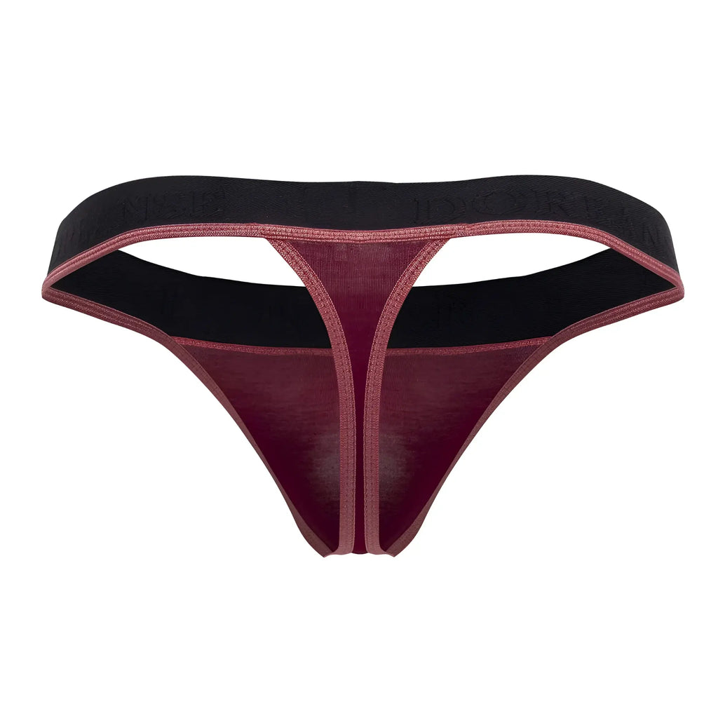 A maroon and black Doreanse 1012-BRD borderline thong with textured sheer fabric and branded elastic waistband