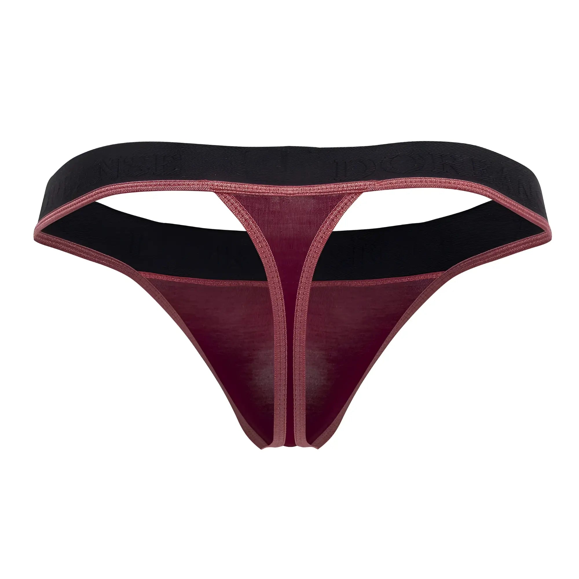 A maroon and black Doreanse 1012-BRD borderline thong with textured sheer fabric and branded elastic waistband