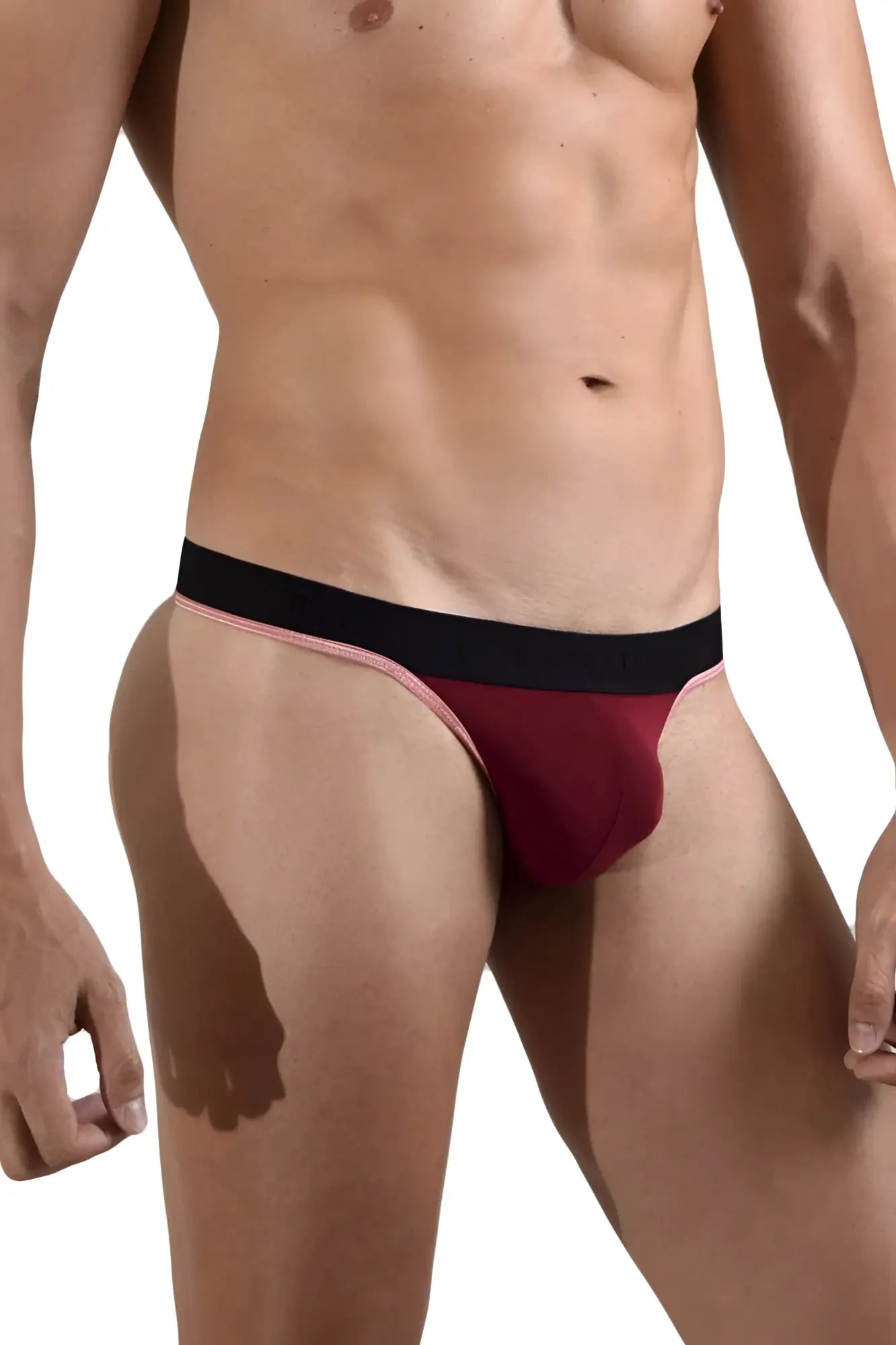 Red and black doreanse 1012-brd borderline thongs with a snug fit in bordeaux color shown from the back side