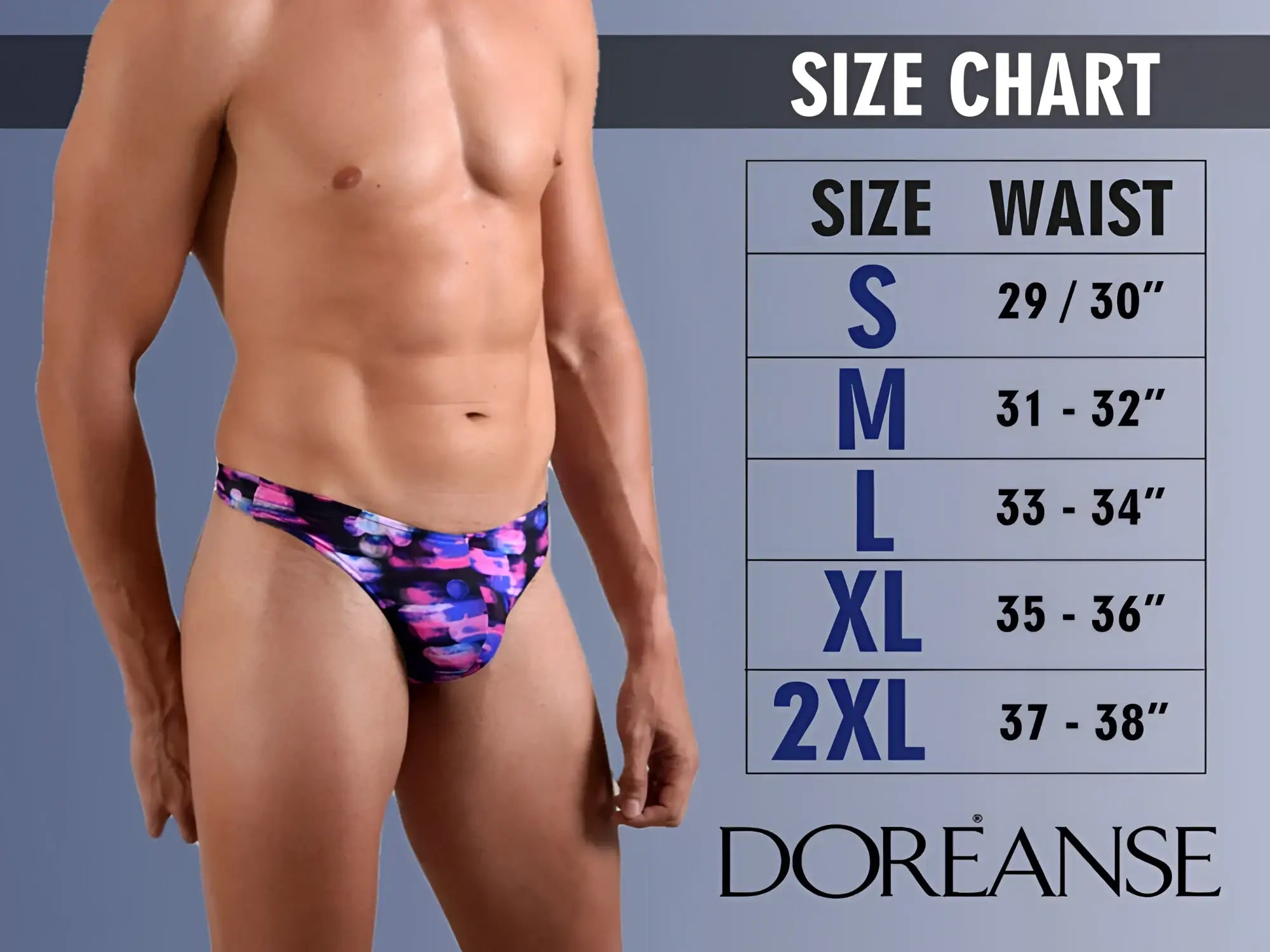 Vibrant purple and blue abstract patterned men’s briefs by doreanse in bordeaux color for stylish comfort