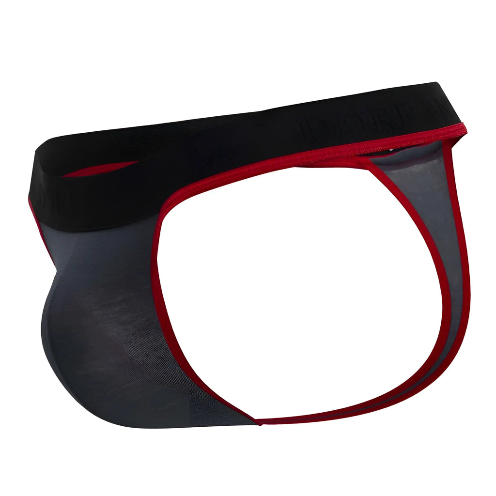 Doreanse 1012-CHR borderline thongs in black and red mesh with a solid black waistband for comfortable fit