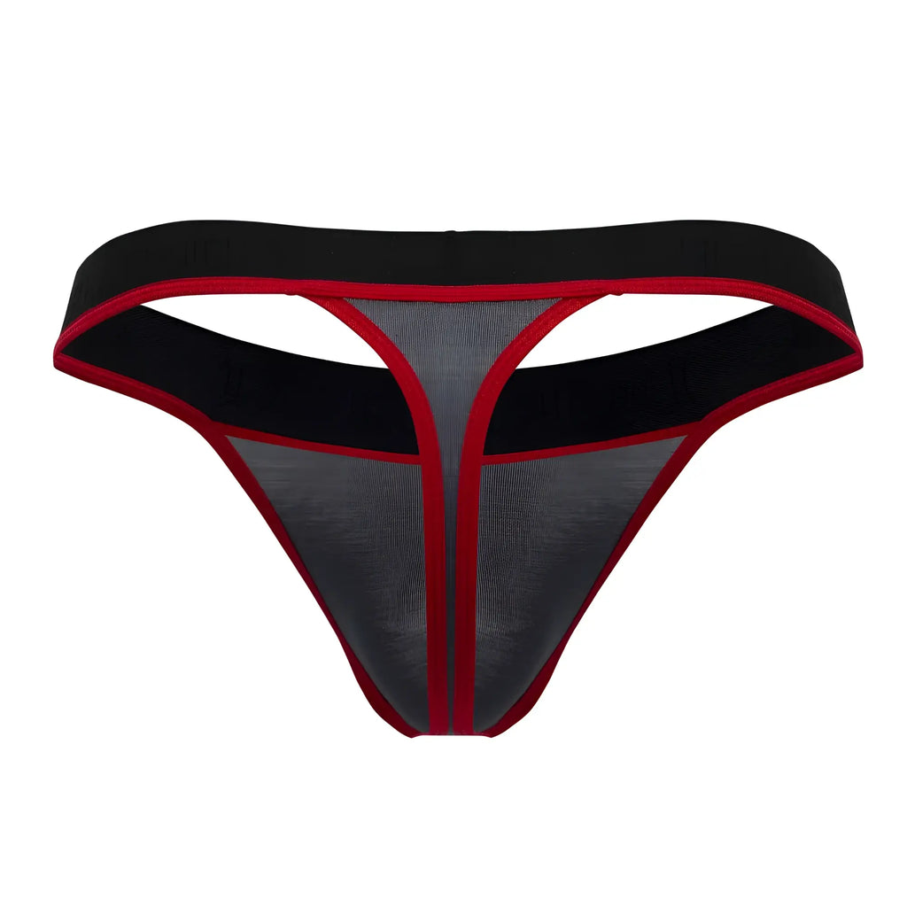 Doreanse 1012-chr borderline thong in charcoal black and red mesh with supportive elastic waistband visible from the back