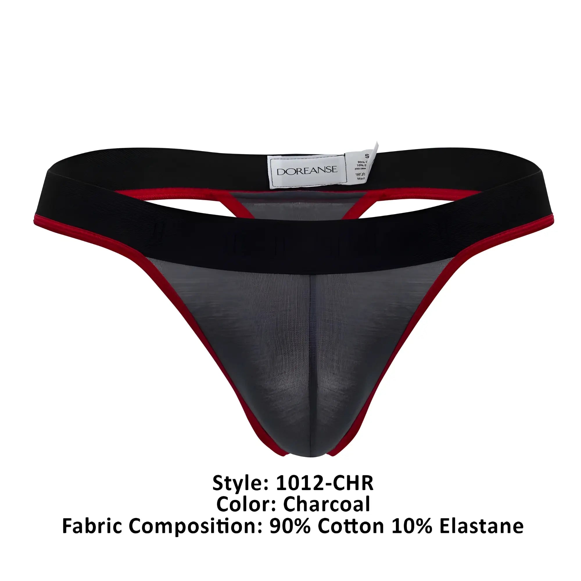 Doreanse 1012-CHR charcoal thong with black elastic waistband red trim and mesh front panel for comfortable wear