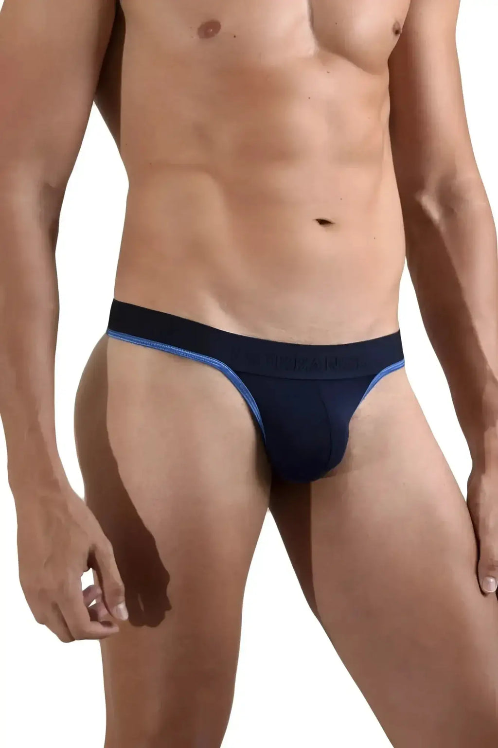 Navy blue doreanse 1012-nvy borderline thong with light blue trim along waistband and leg openings for athletic use