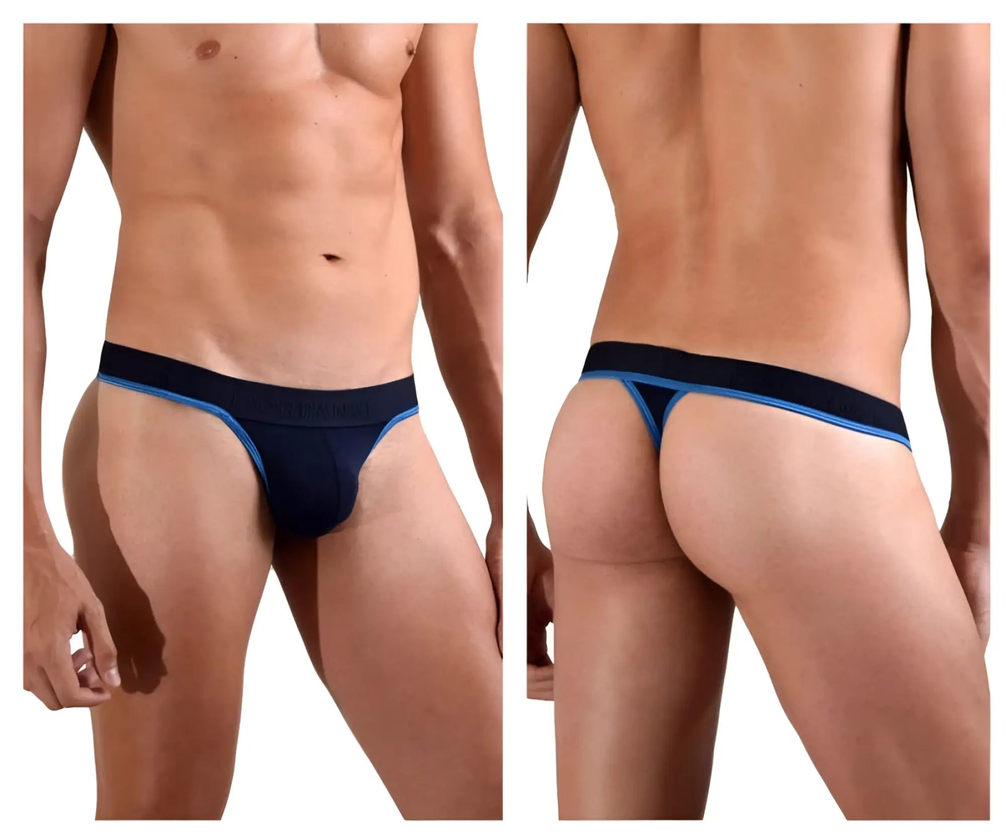 Navy blue doreanse 1012-nvy borderline thong with light blue trim along waistband and leg openings