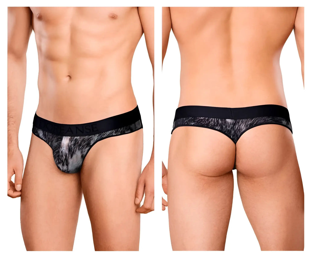 Men’s black and gray patterned thong with solid black waistband from doreanse 1208-prn nebula thongs color printed collection