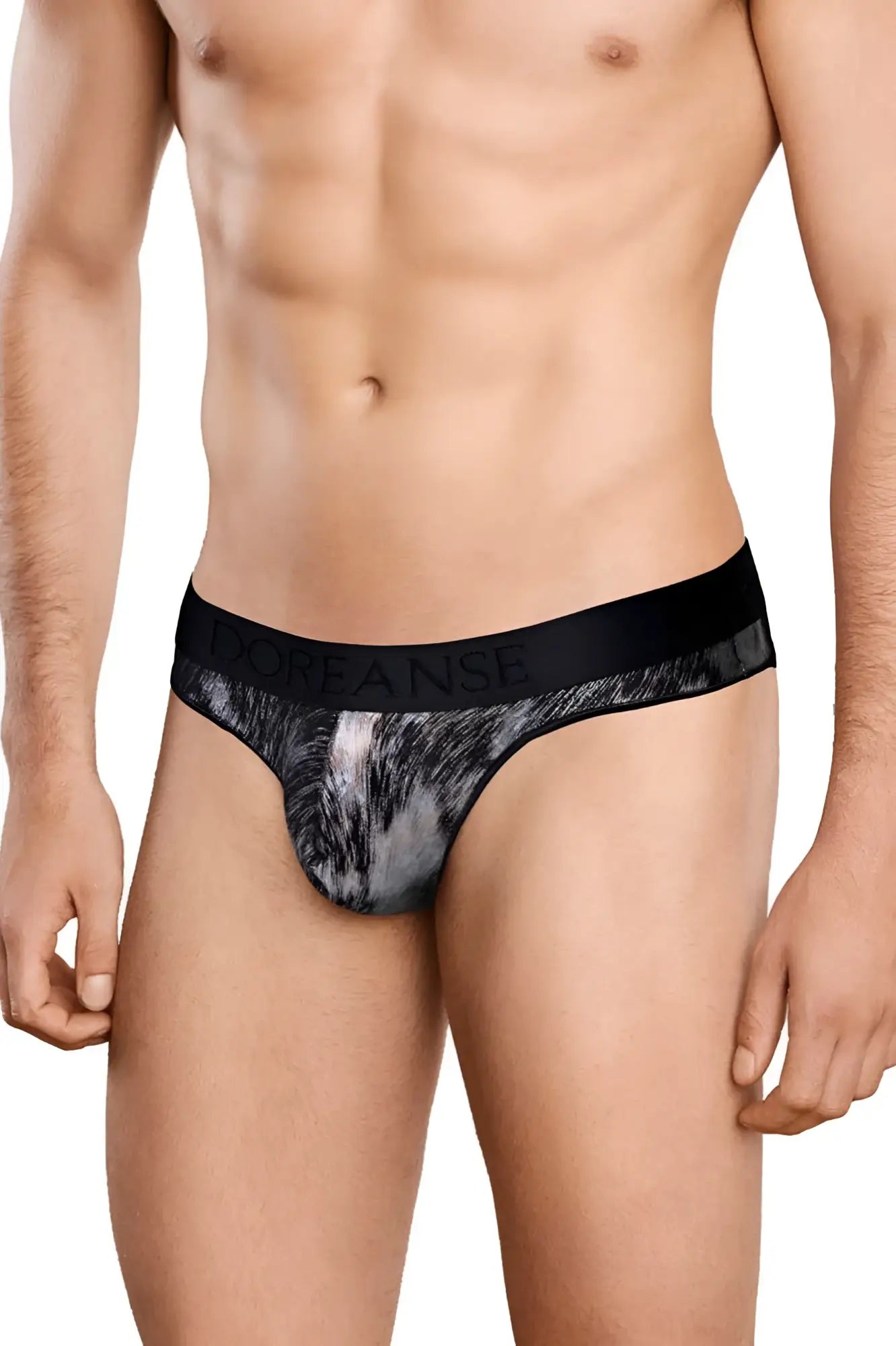 Black and gray patterned doreanse 1208-prn nebula briefs with solid black waistband and white brand name lettering