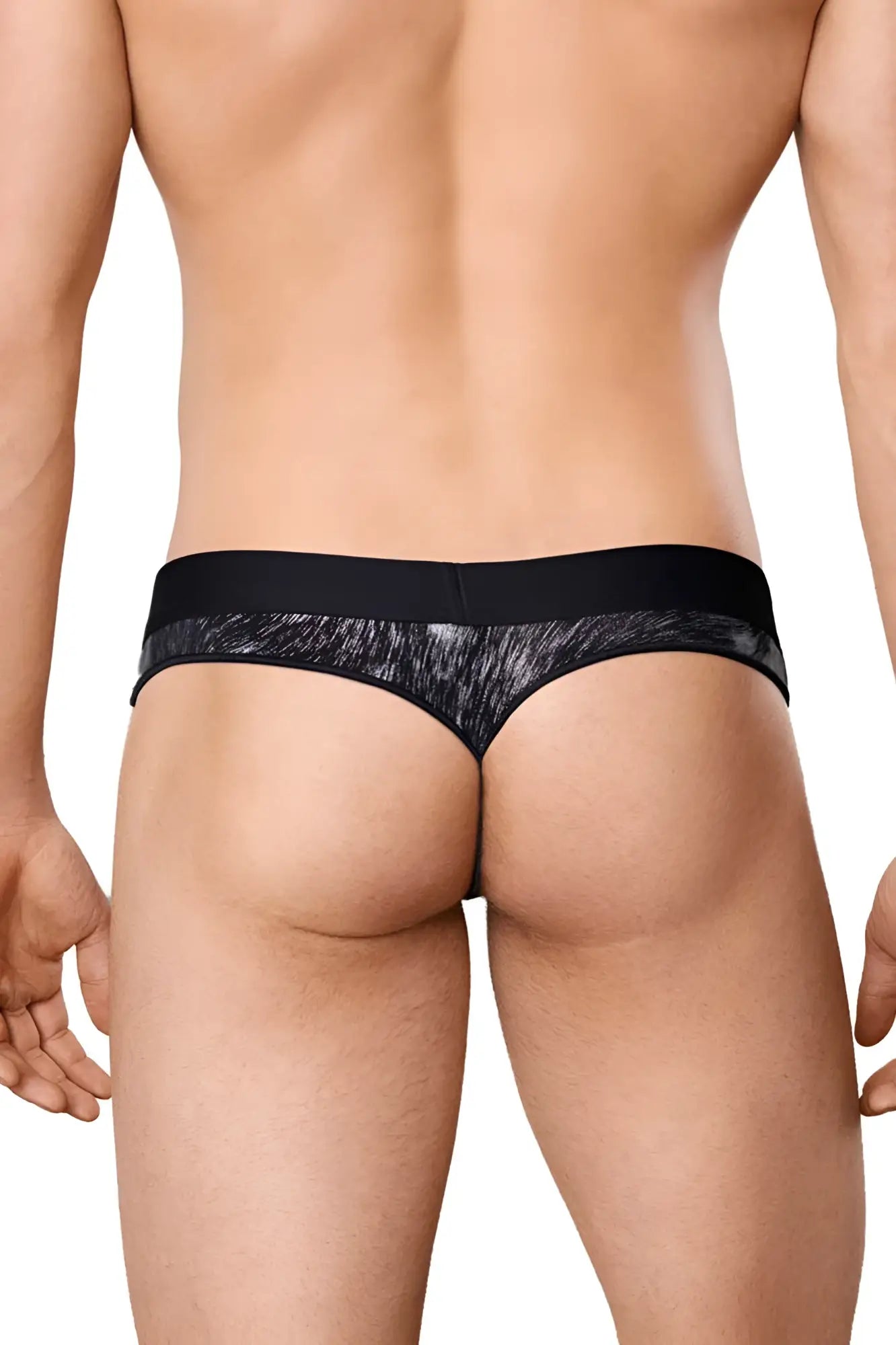 Doreanse 1208-PRN nebula thong with black and gray print and a solid black waistband shown from the back side