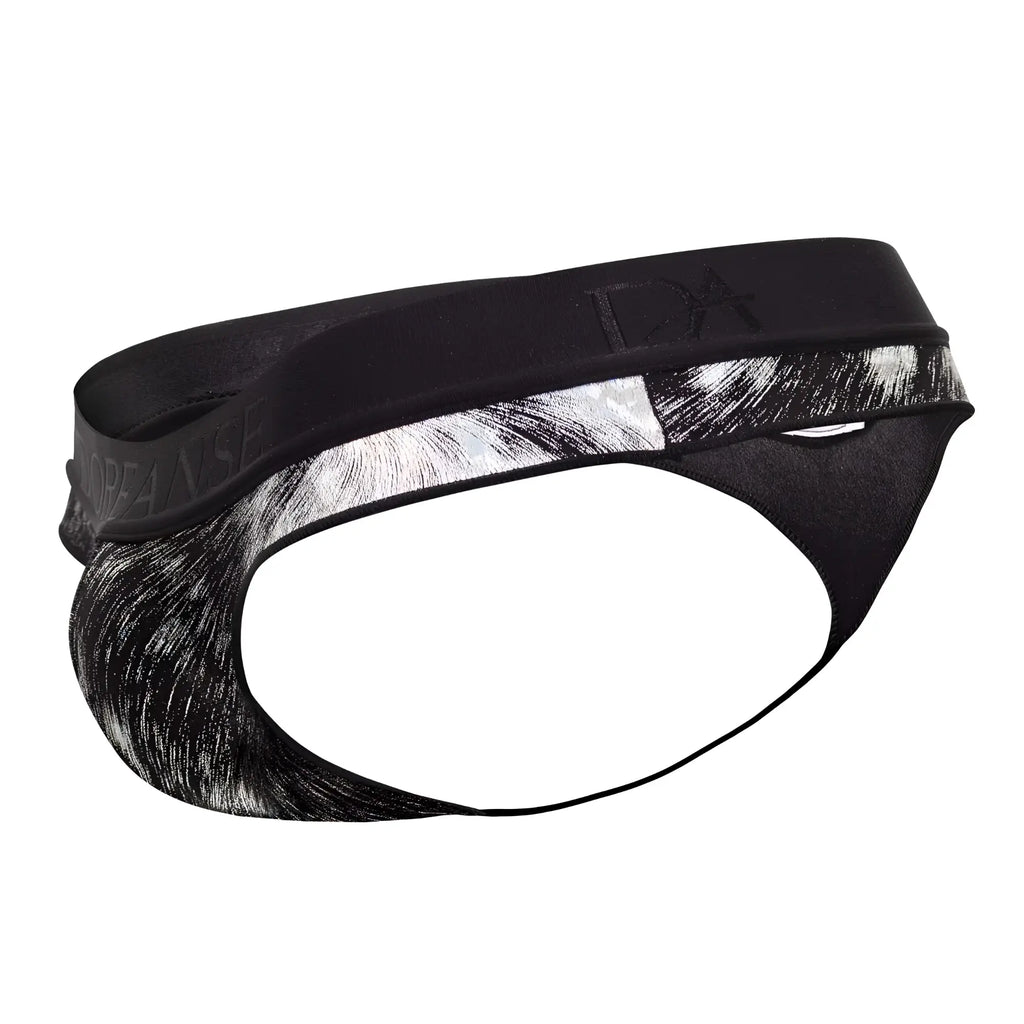 Black and silver abstract brushstroke patterned men’s briefs with branded elastic waistband doreanse 1208-prn nebula thongs color printed