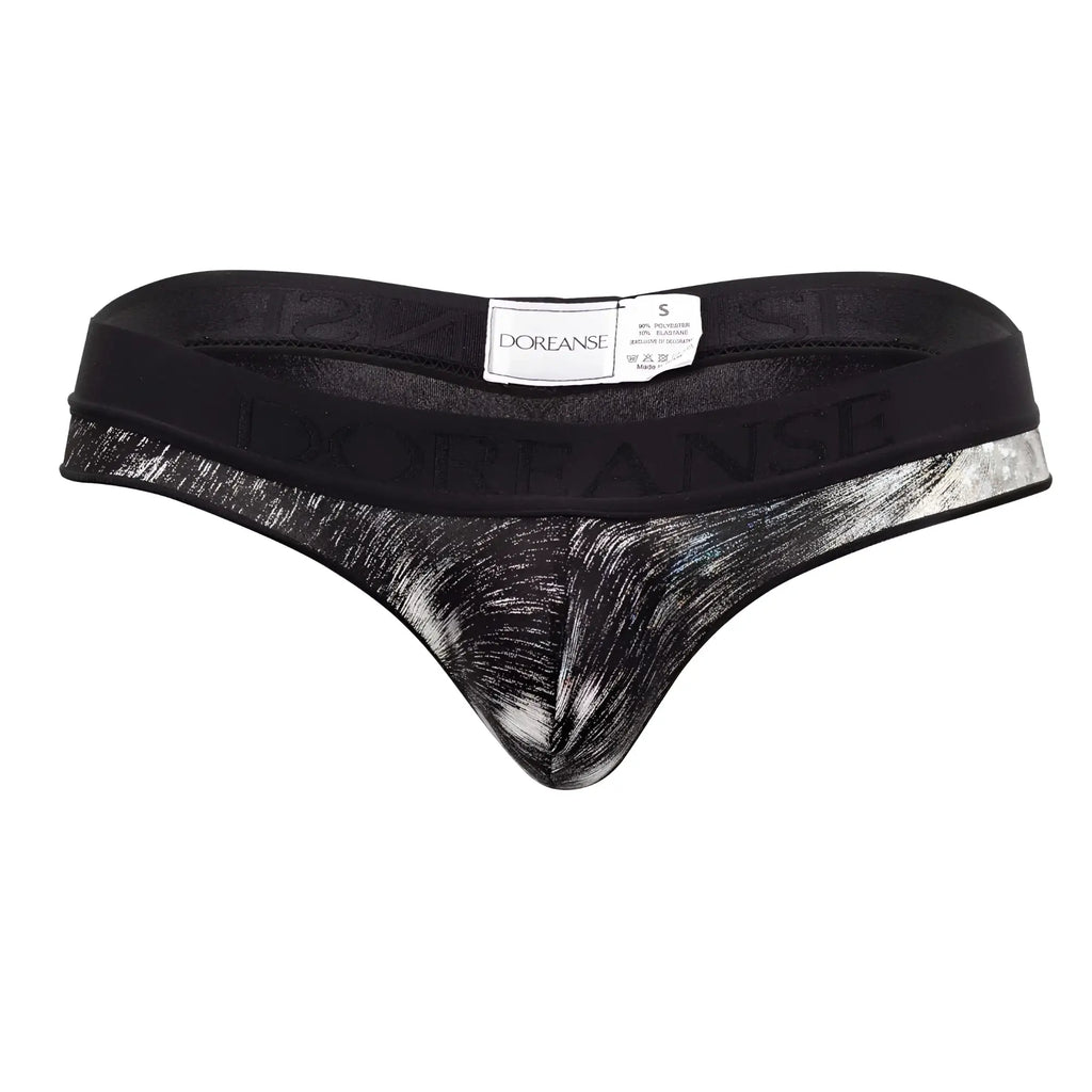 Black and silver abstract brushstroke doreanse 1208-prn nebula thong with branded waistband showing front side
