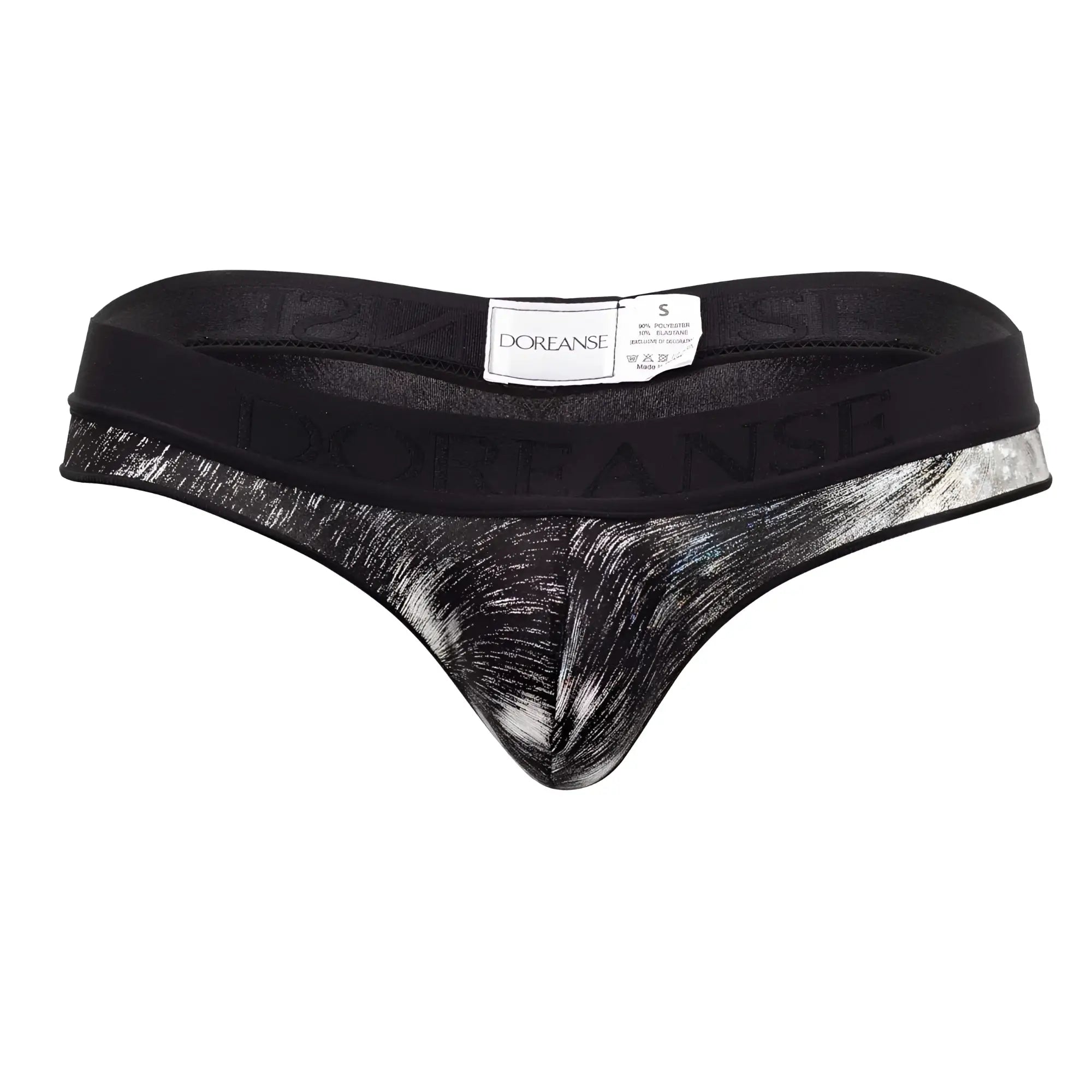 Black and silver abstract brushstroke doreanse 1208-prn nebula thong with branded waistband showing front side