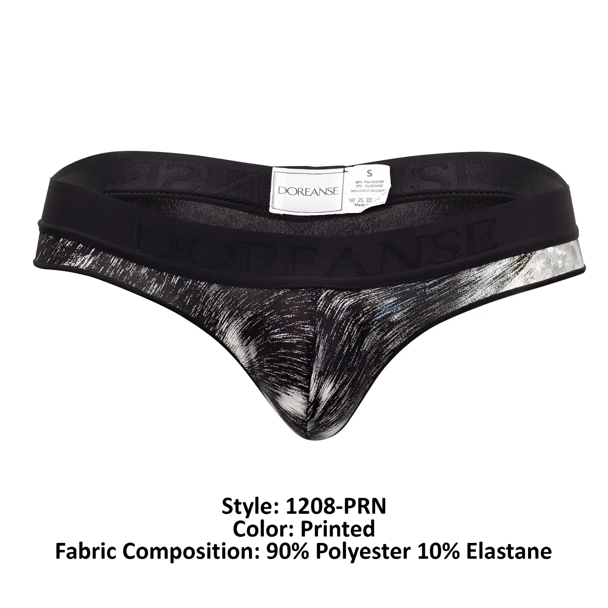 Doreanse 1208-PRN Nebula thong in black and silver with textured brushstroke printed fabric for stylish comfort