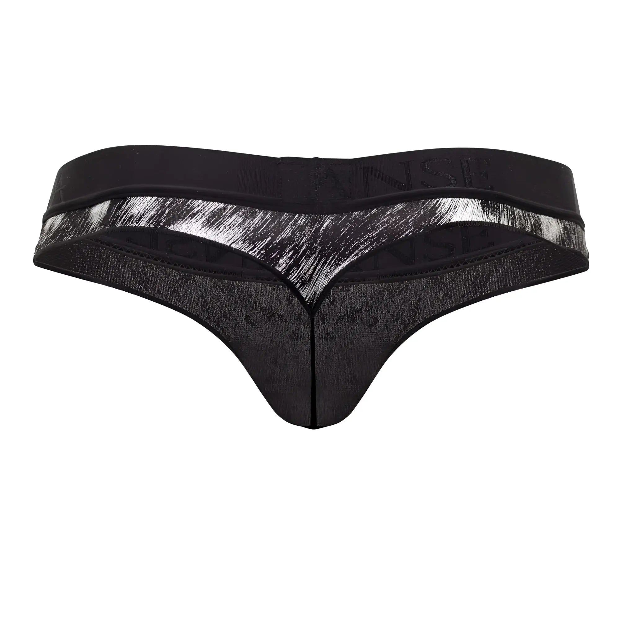 Black doreanse 1208-prn nebula thong with silver brushstroke pattern on waistband and subtle wense branding front view