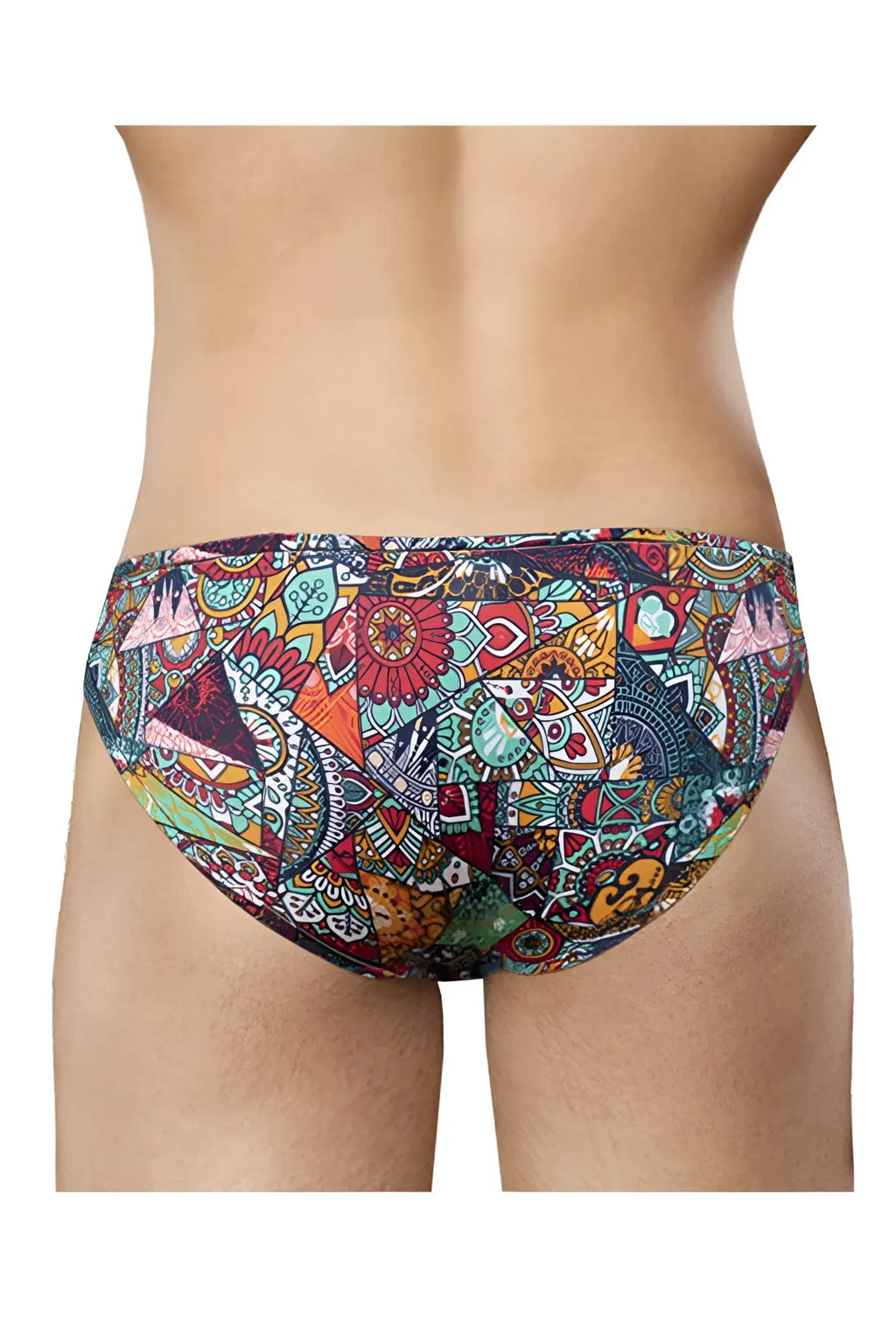 Doreanse 1217-prn groovy bikini color printed men’s swim trunks with vibrant mosaic geometric floral patterns in teal and orange