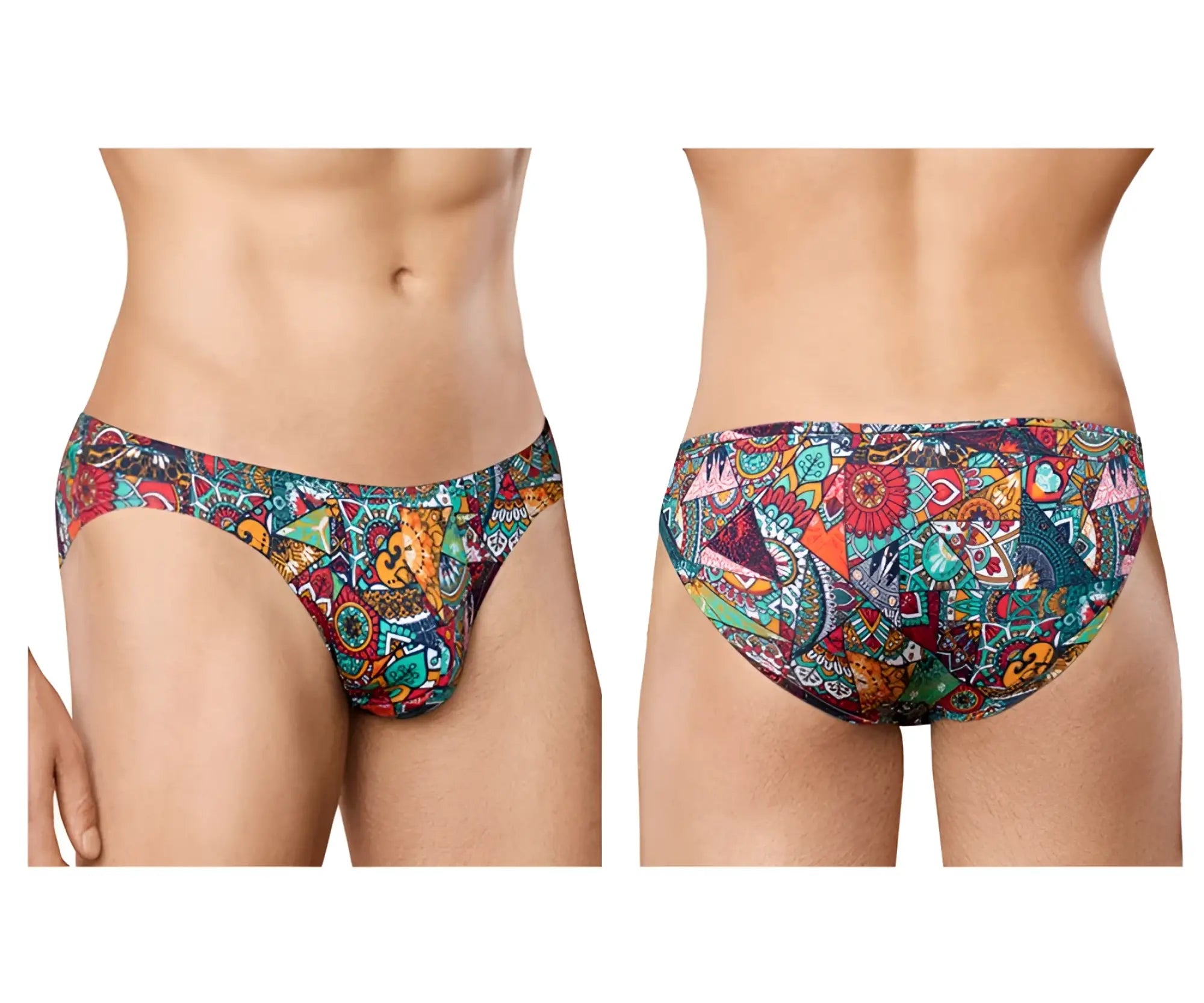 Doreanse 1217-prn groovy bikini color printed vibrant swim trunks with colorful geometric and tribal teal orange design