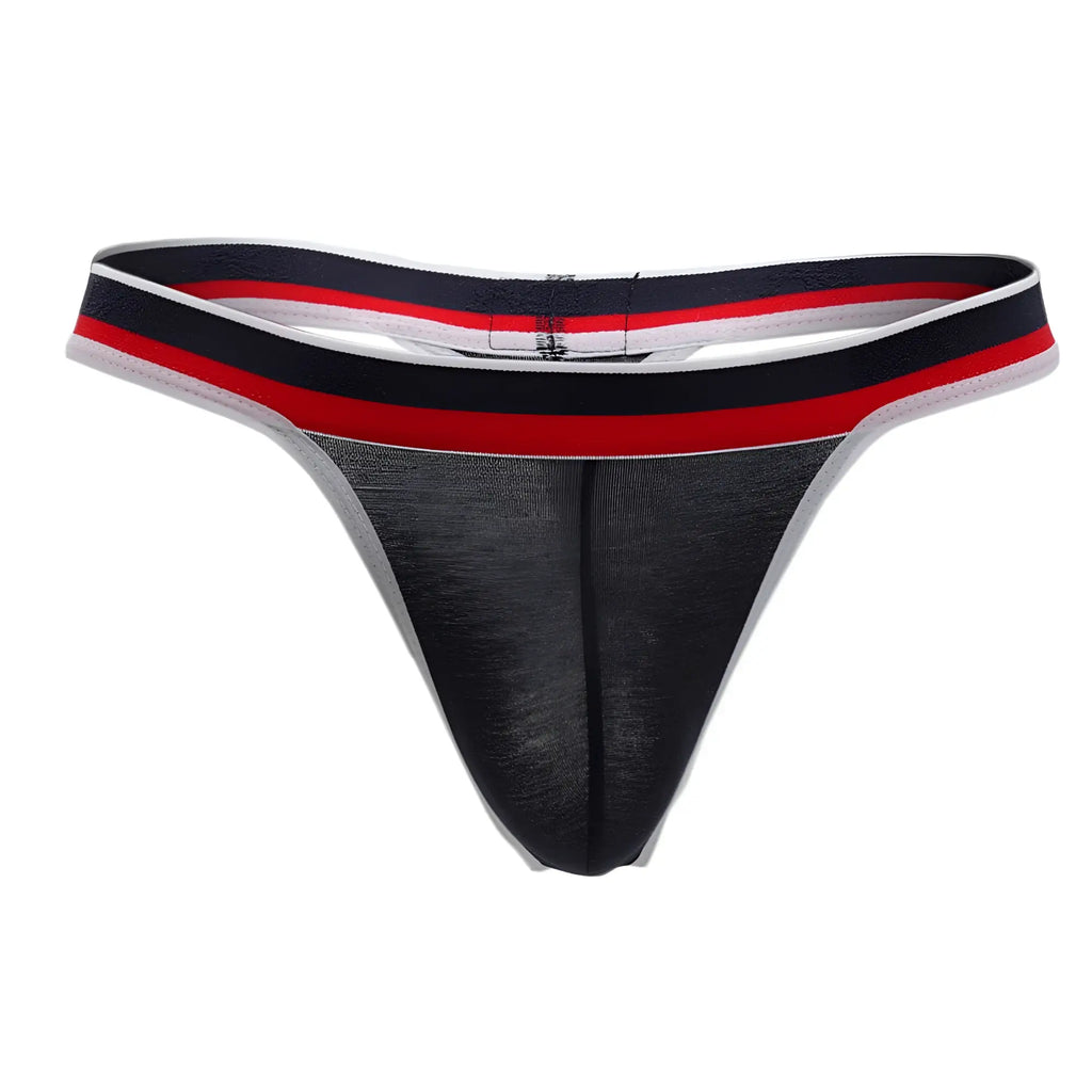 Black mesh Doreanse 1218-NVY Metro thong with navy red and white striped waistband front view
