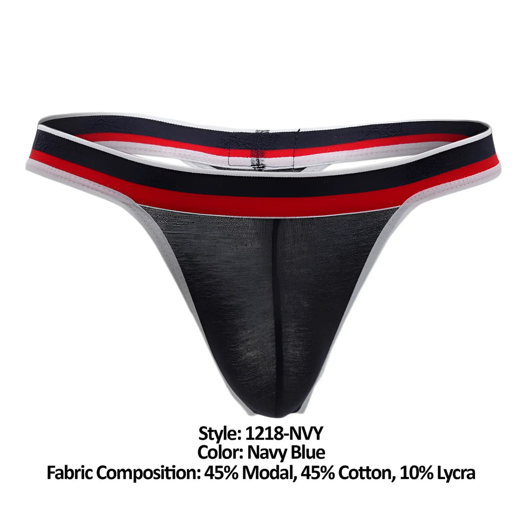 Navy blue Doreanse 1218-NVY Metro thong with striped black red and white waistband showing the back side