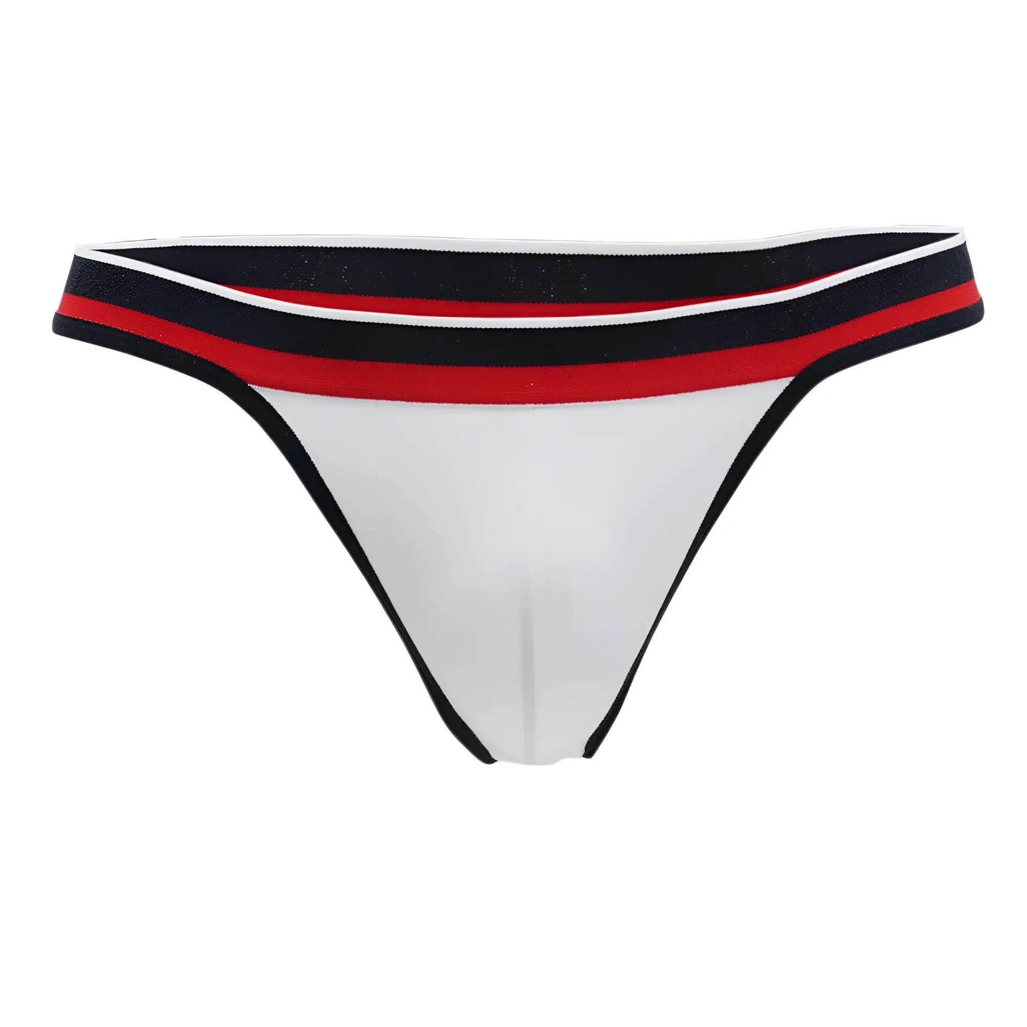 Doreanse 1218-WHT metro thong in white with a black red and white striped waistband showing the front side