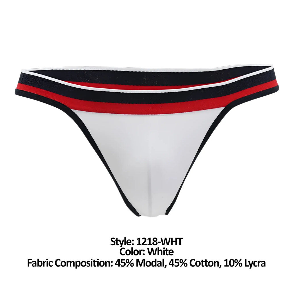 White thong with black red and white striped waistband by doreanse made of 45 percent modal 45 cotton and 10 lycra