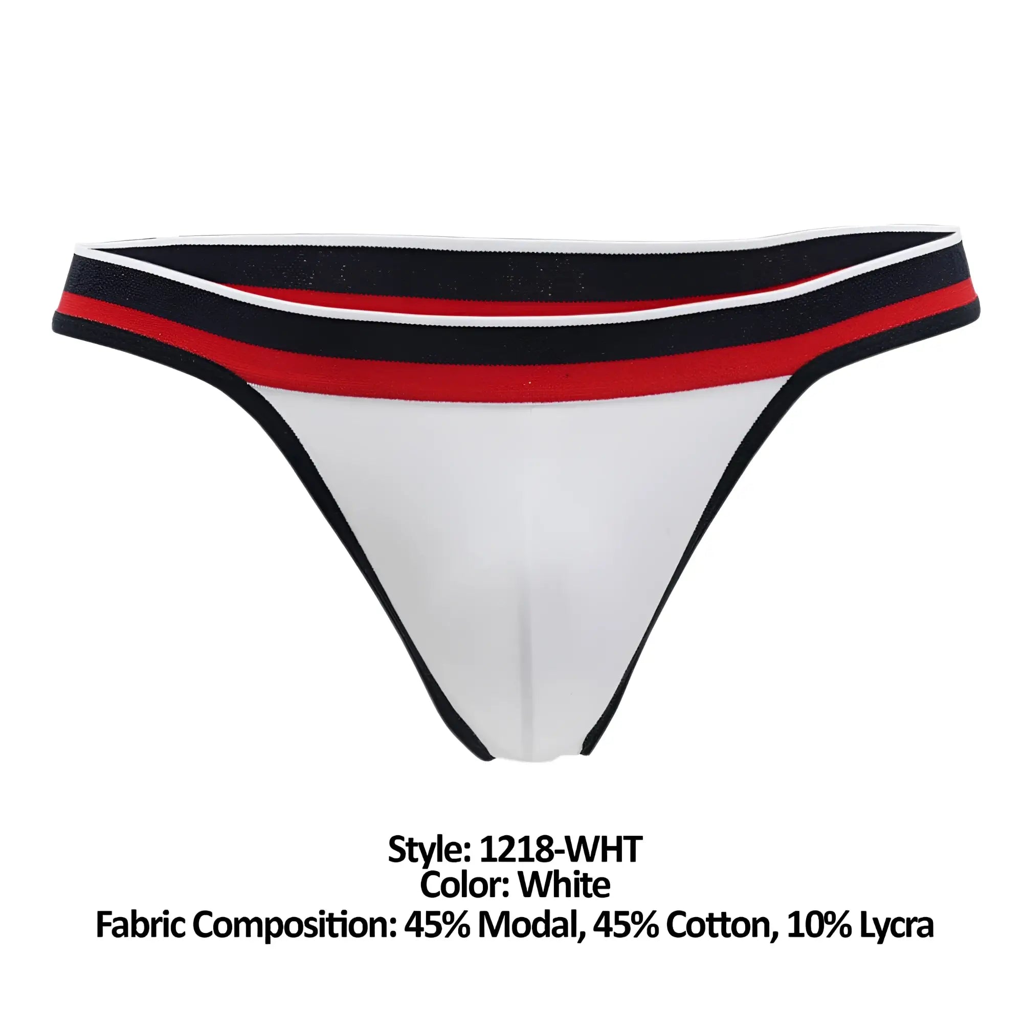 White thong with black red and white striped waistband by doreanse made of 45 percent modal 45 cotton and 10 lycra