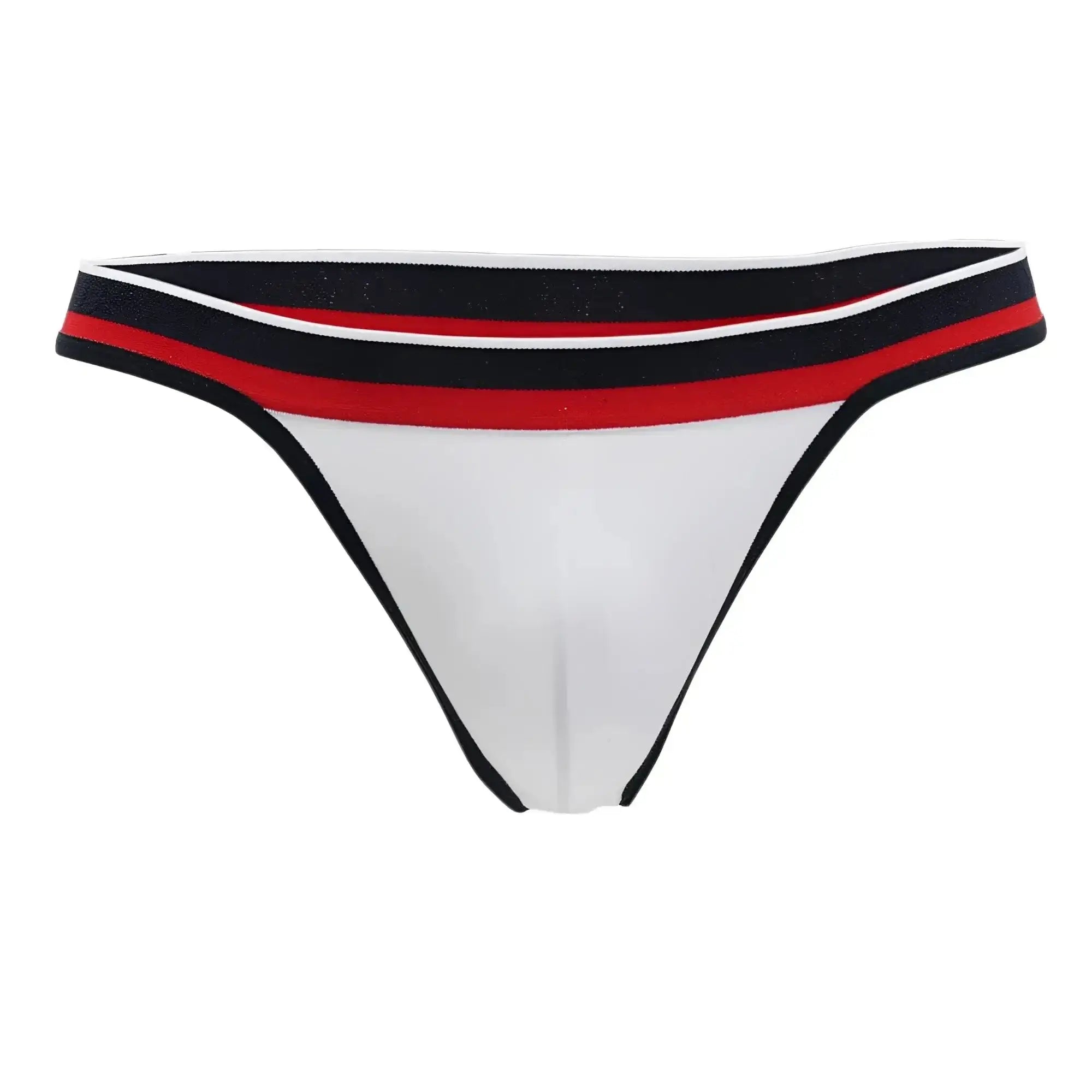 Doreanse 1218-WHT metro thong in white with a black red and white striped waistband showing the front side