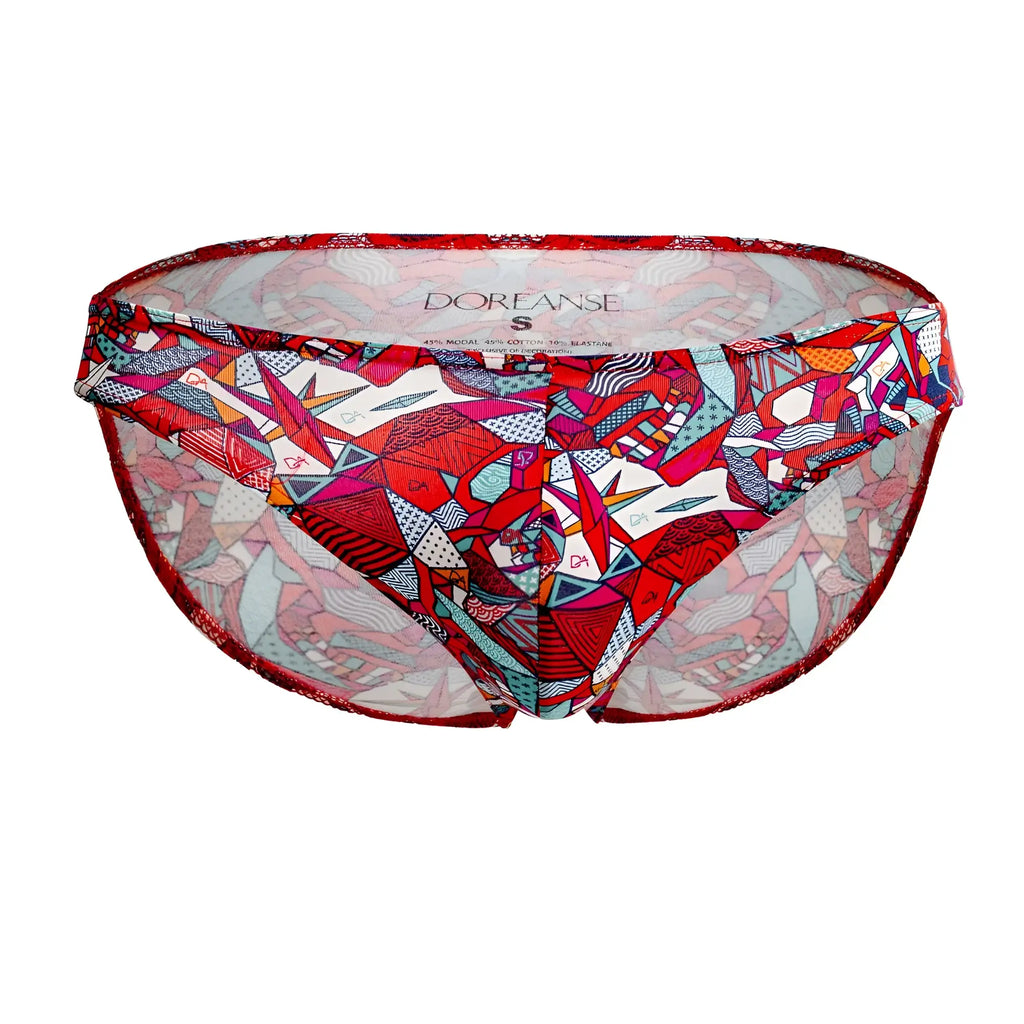 Doreanse 1243-prn pop art bikini color printed sheer mesh bikini bottom with vibrant red pink teal geometric pattern and lace trim