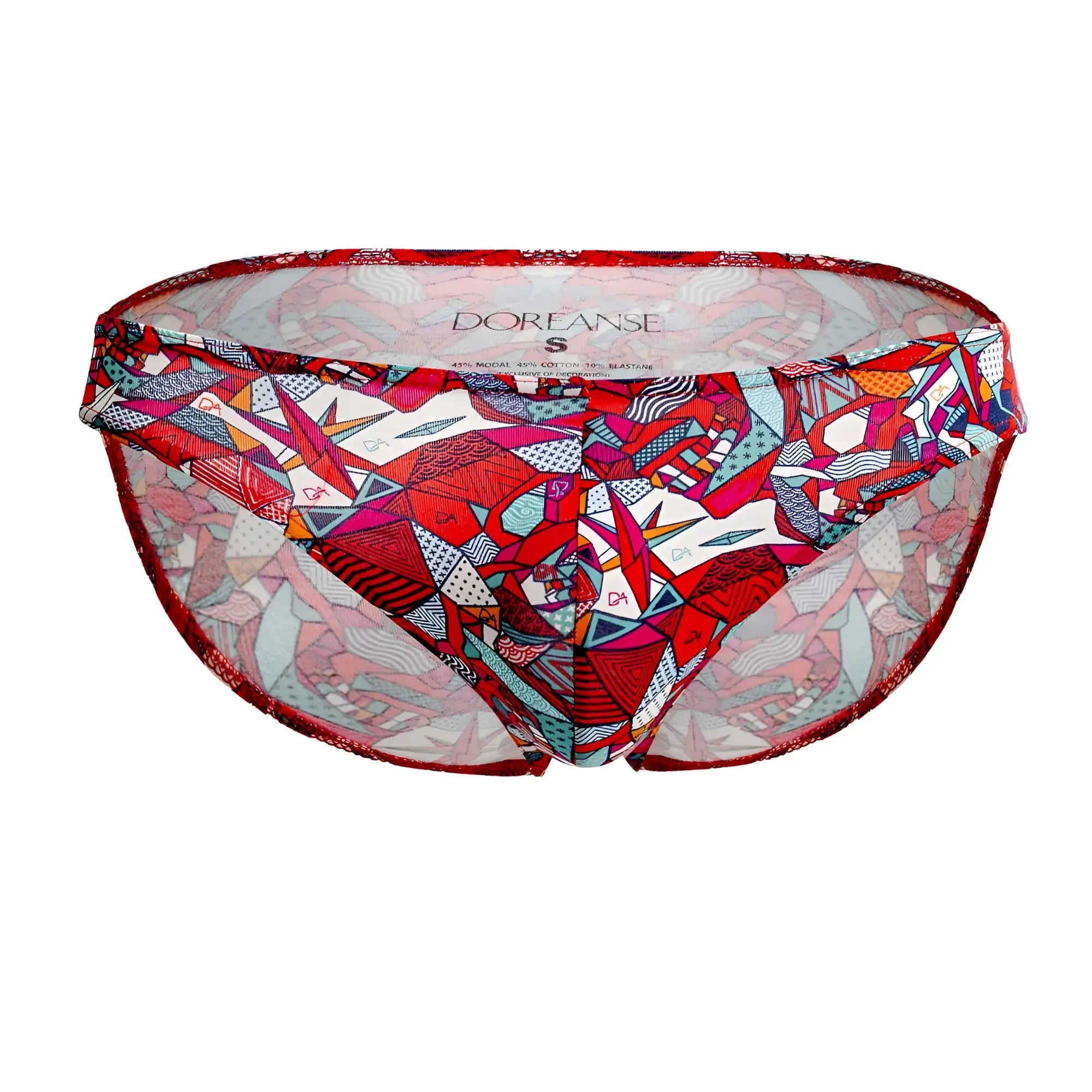 Doreanse 1243-prn pop art bikini color printed sheer mesh bikini bottom with vibrant red pink teal geometric pattern and lace trim