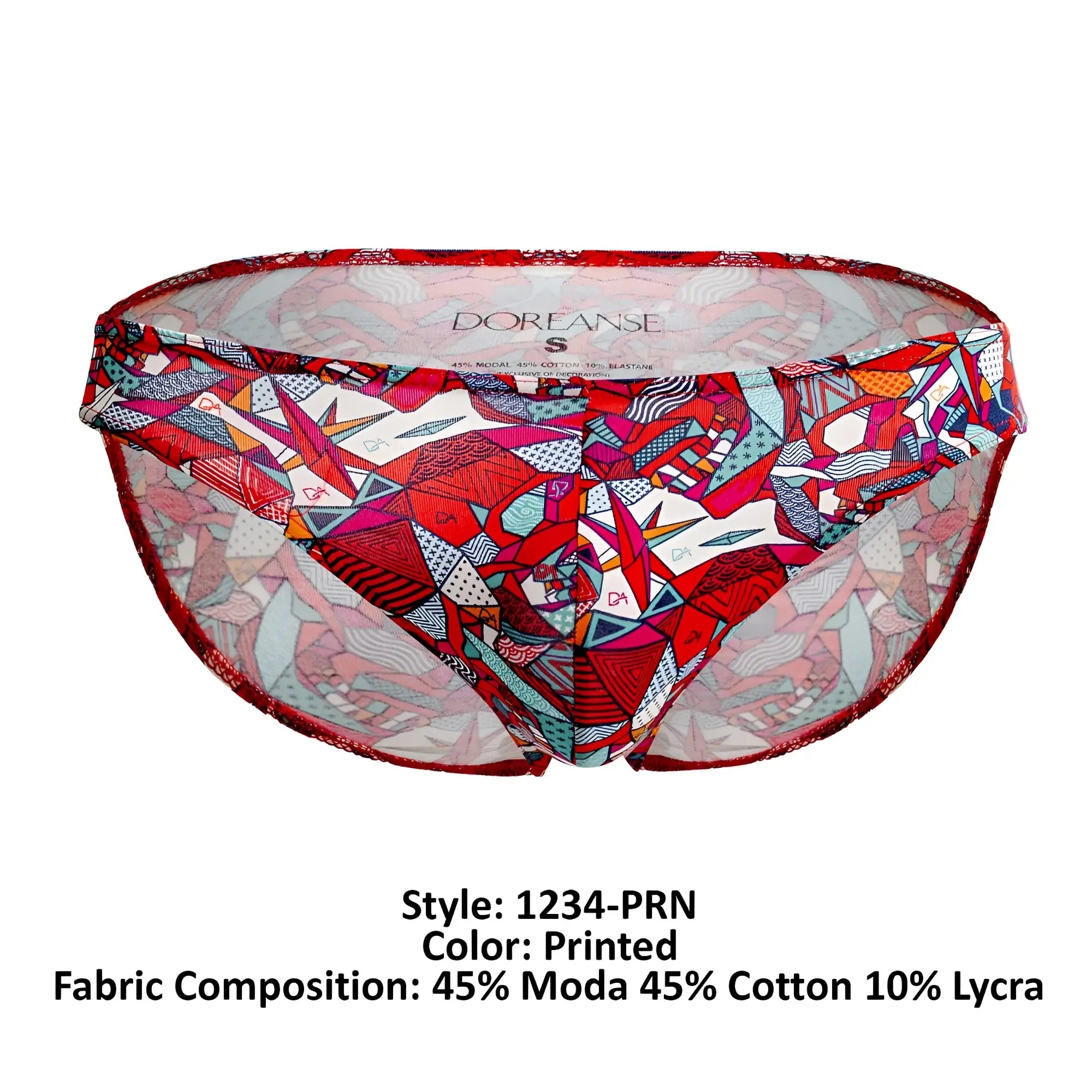 Doreanse 1243-PRN pop art bikini bottom with vibrant red pink teal white geometric print on sheer mesh base