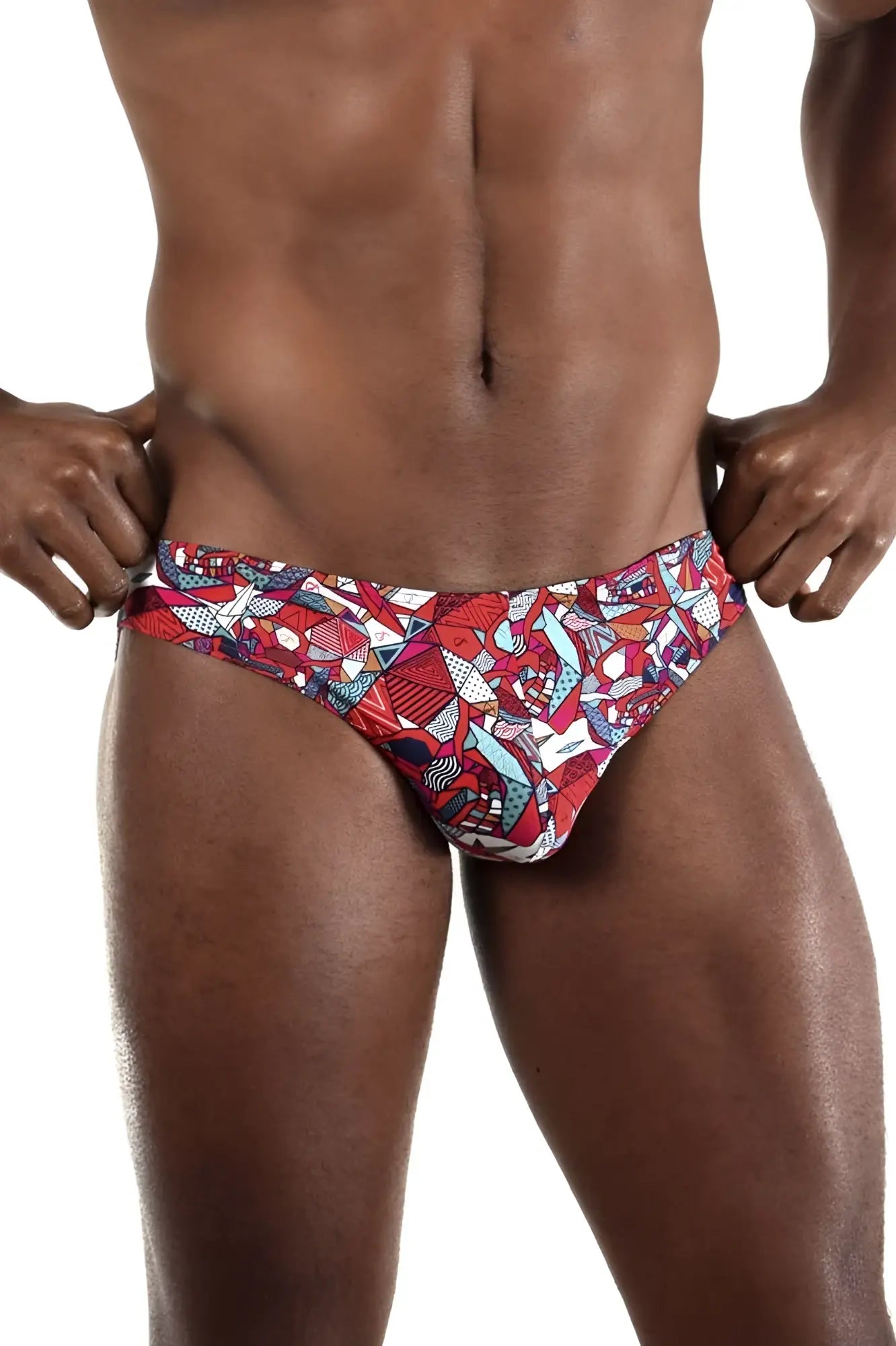 Vibrant red blue and white geometric-patterned men’s swim trunks doreanse 1243-prn pop art bikini color printed