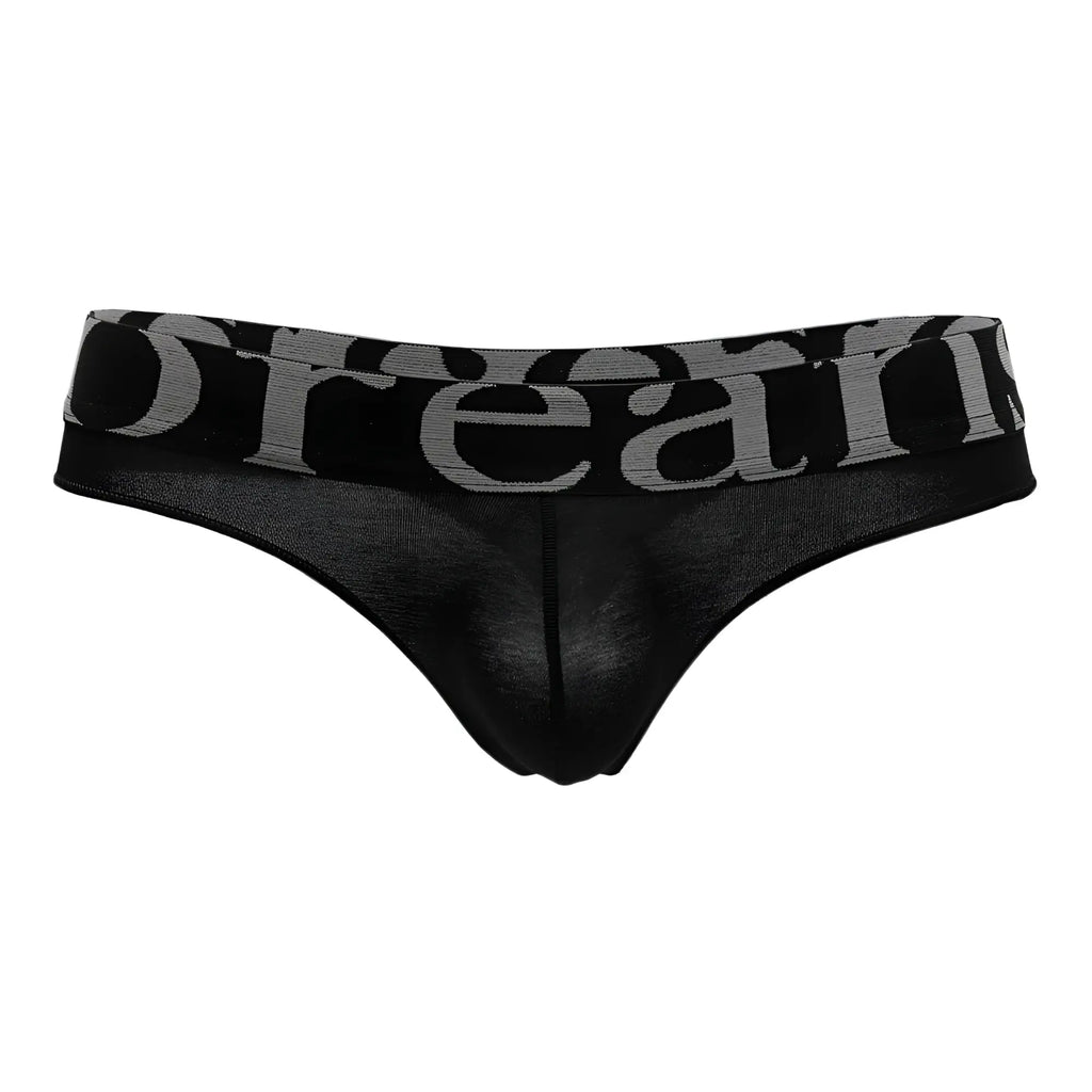 Black sheer thong by Doreanse with wide waistband featuring gray dream lettering in color black