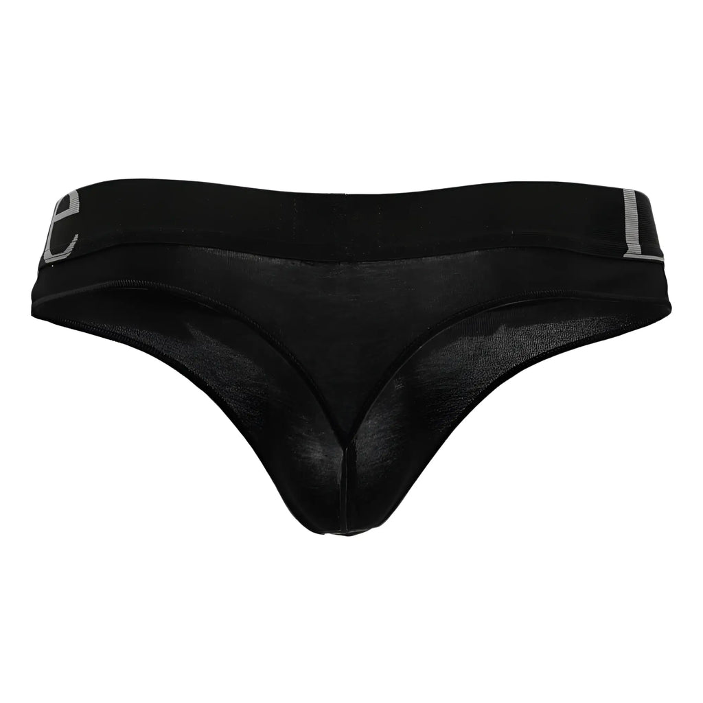 Black Doreanse 1250-BLK wide-band thong with smooth sheer mesh fabric and subtle gray logo on the waistband