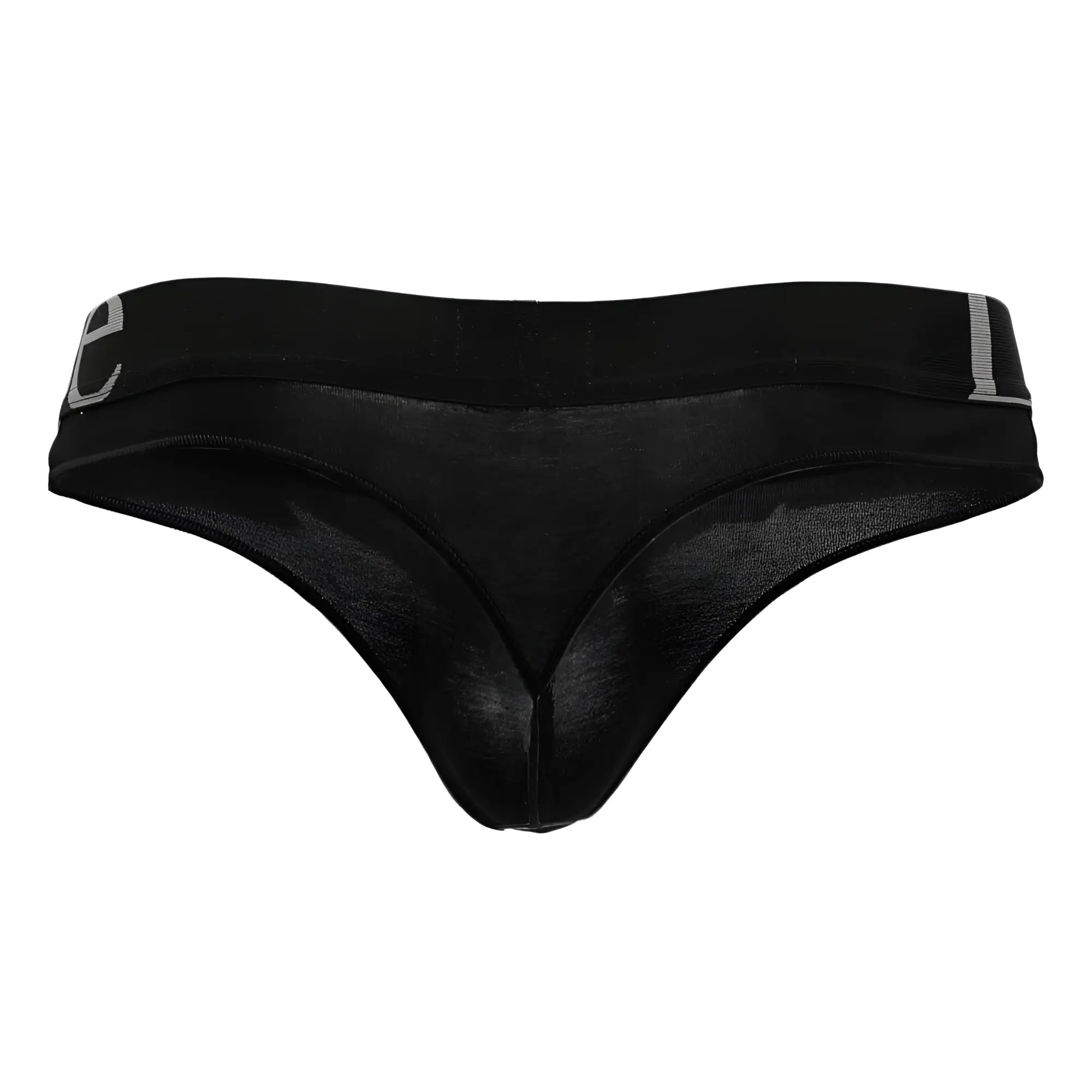 Black Doreanse 1250-BLK wide-band thong with smooth sheer mesh fabric and subtle gray logo on the waistband