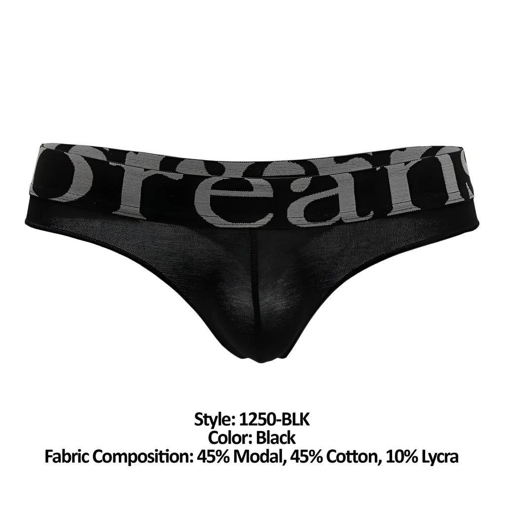 Black thong with wide band featuring dream in gray lettering from doreanse 1250-blk collection visible from back side