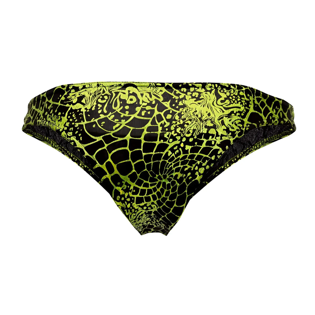 Doreanse 1257-PRN space venom briefs vibrant lime green and black patterned swim trunks with bold intricate design