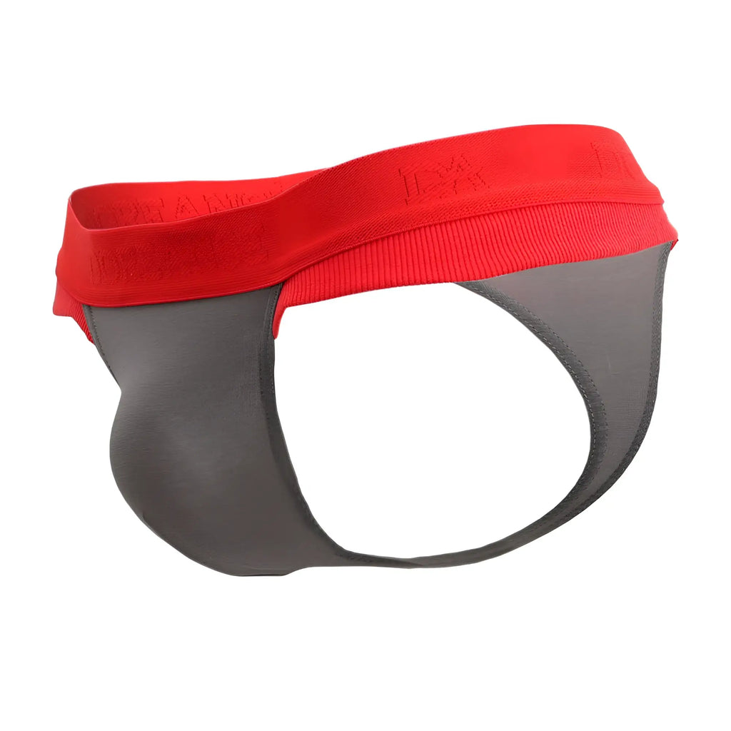 Doreanse 1258-SMK Warrior thong athletic briefs in red and gray with ribbed waistband for activewear use