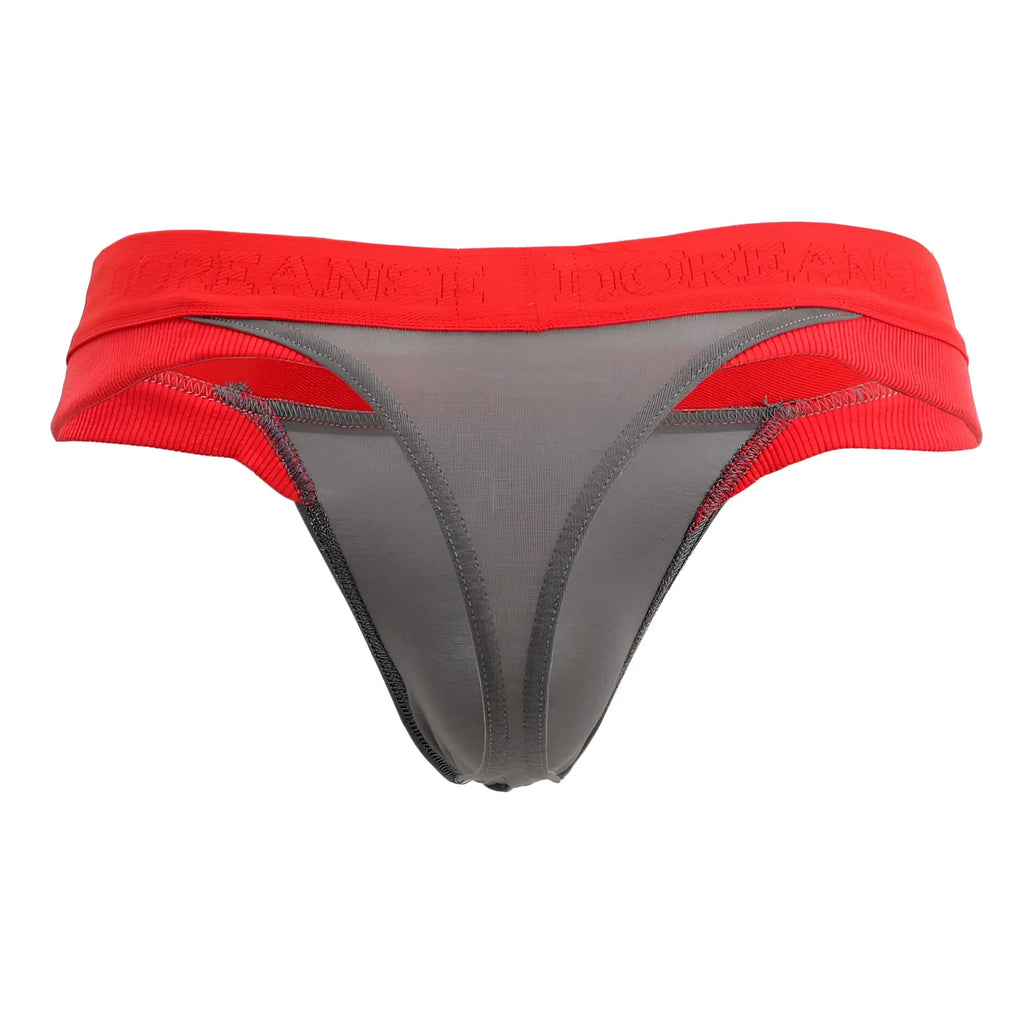 Red and gray doreanse 1258-smk warrior thong with bold red waistband embossed with dorian brand name in smoke-red color