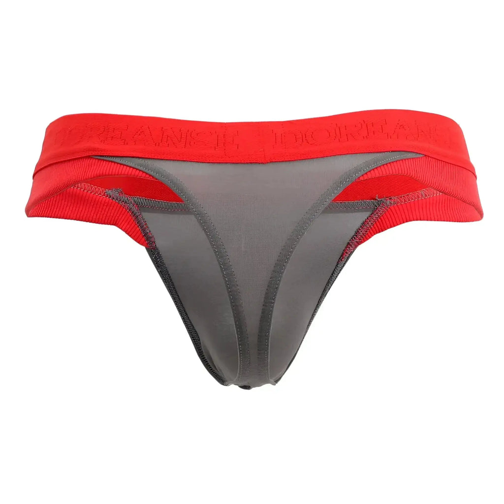 Red and gray doreanse 1258-smk warrior thong with bold red waistband embossed with dorian brand name in smoke-red color