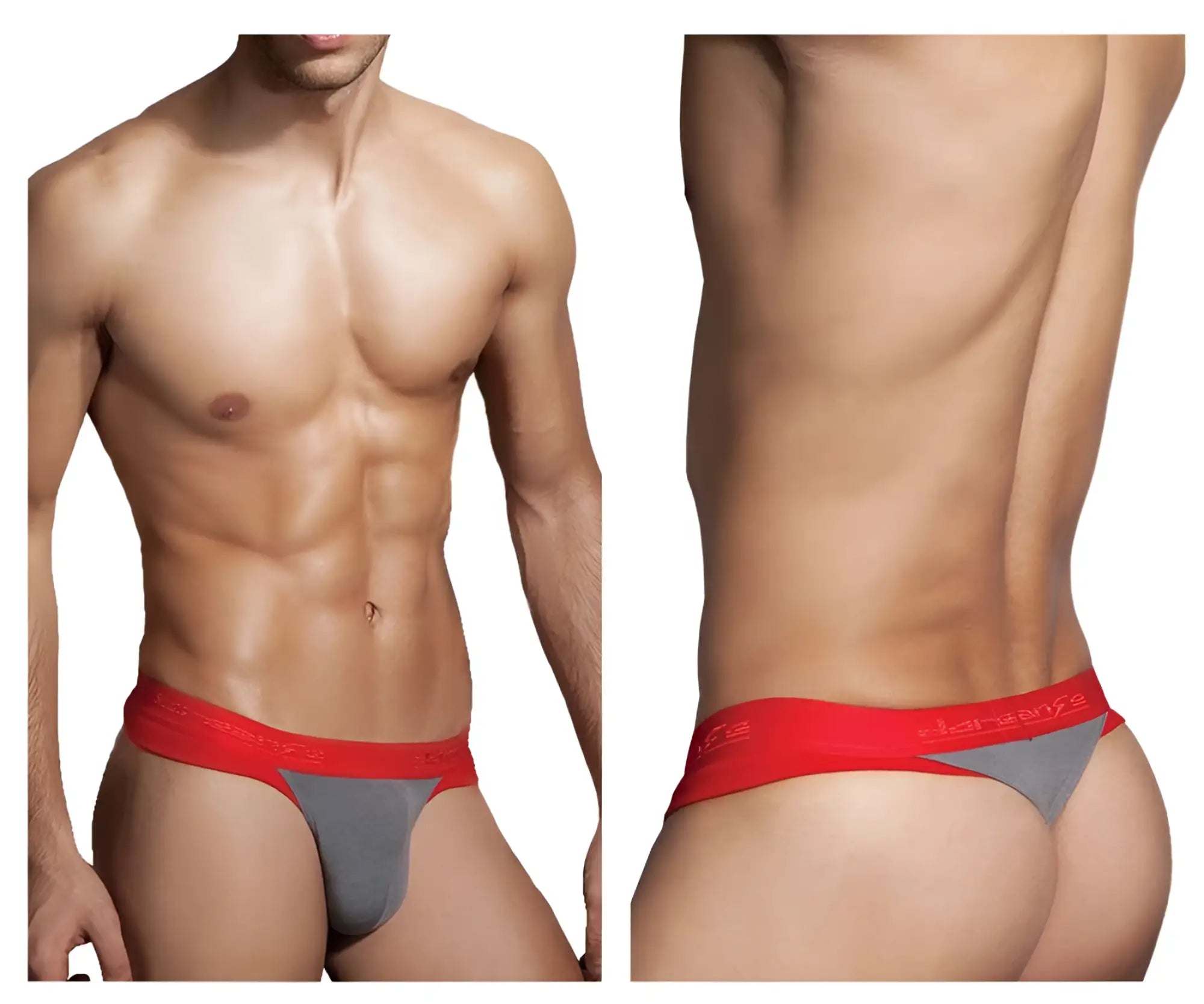 Doreanse 1258-SMK Warrior thong in smoke red with red and gray fabric and branded waistband front view