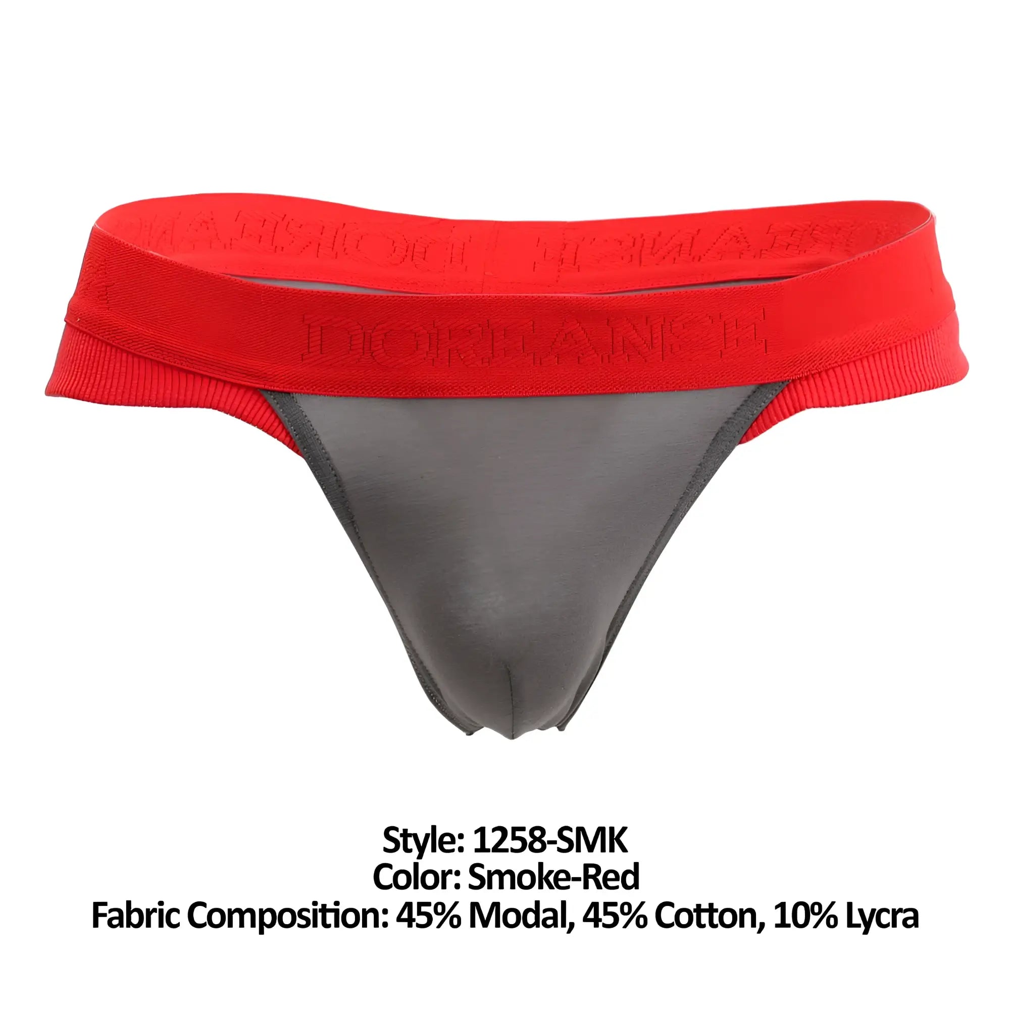 Red and smoke-gray doreanse 1258-smk warrior thong with ribbed elastic waistband and embossed branding