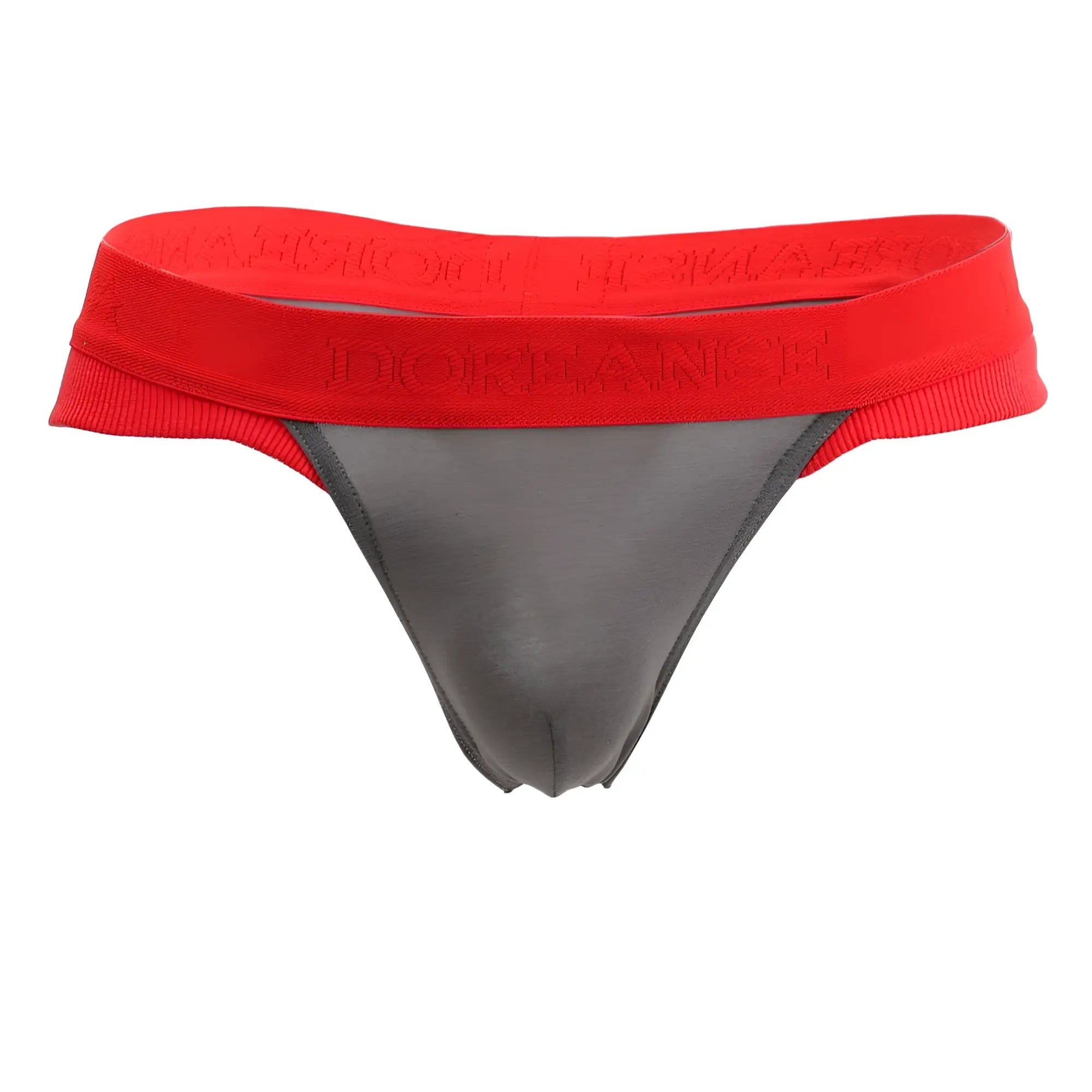 Red and gray doreanse 1258-smk warrior thong with ribbed elastic waistband embossed with brand name dorian