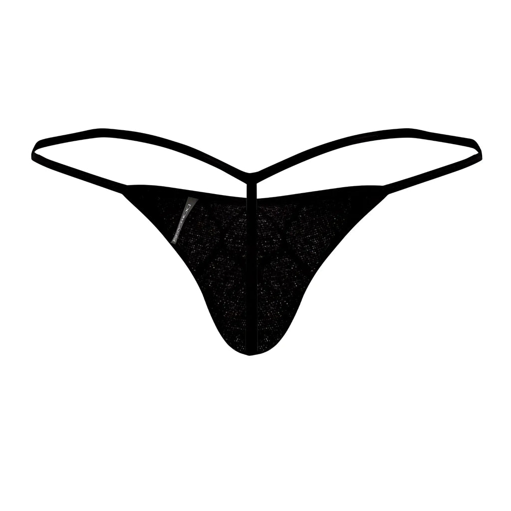 Black lace thong with textured patterned fabric and thin elastic straps from doreanse 1260-prn space venom thongs color printed