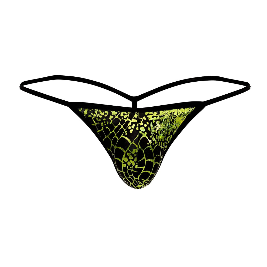 Black and neon green patterned Doreanse 1260-PRN Space Venom thong with mesh design shown from back side